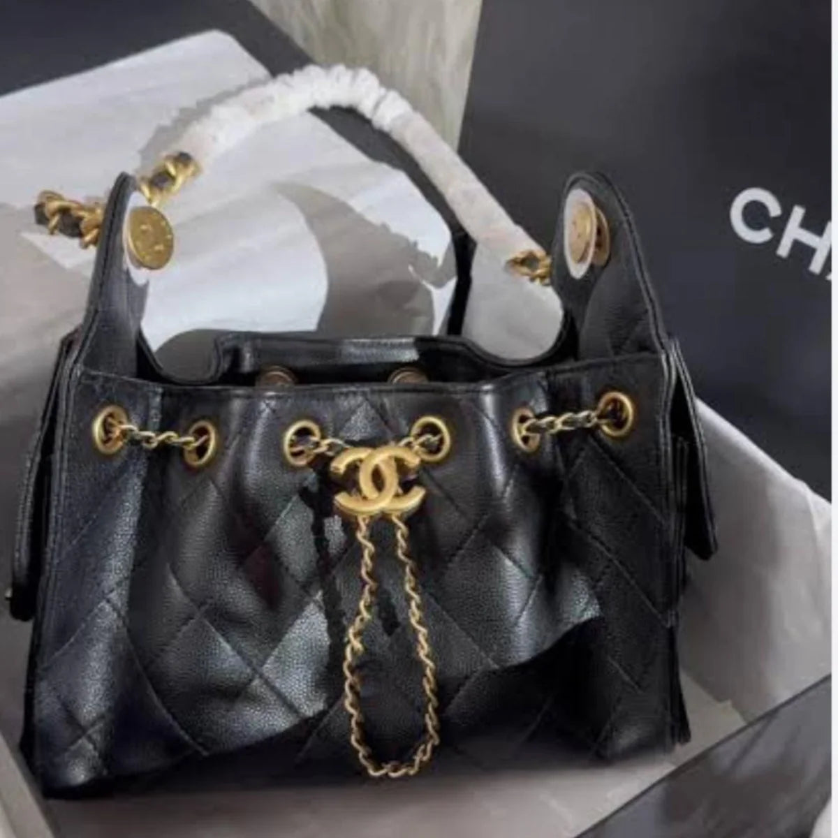 Chanel 25 Mini Handbag Black Grained Calfskin