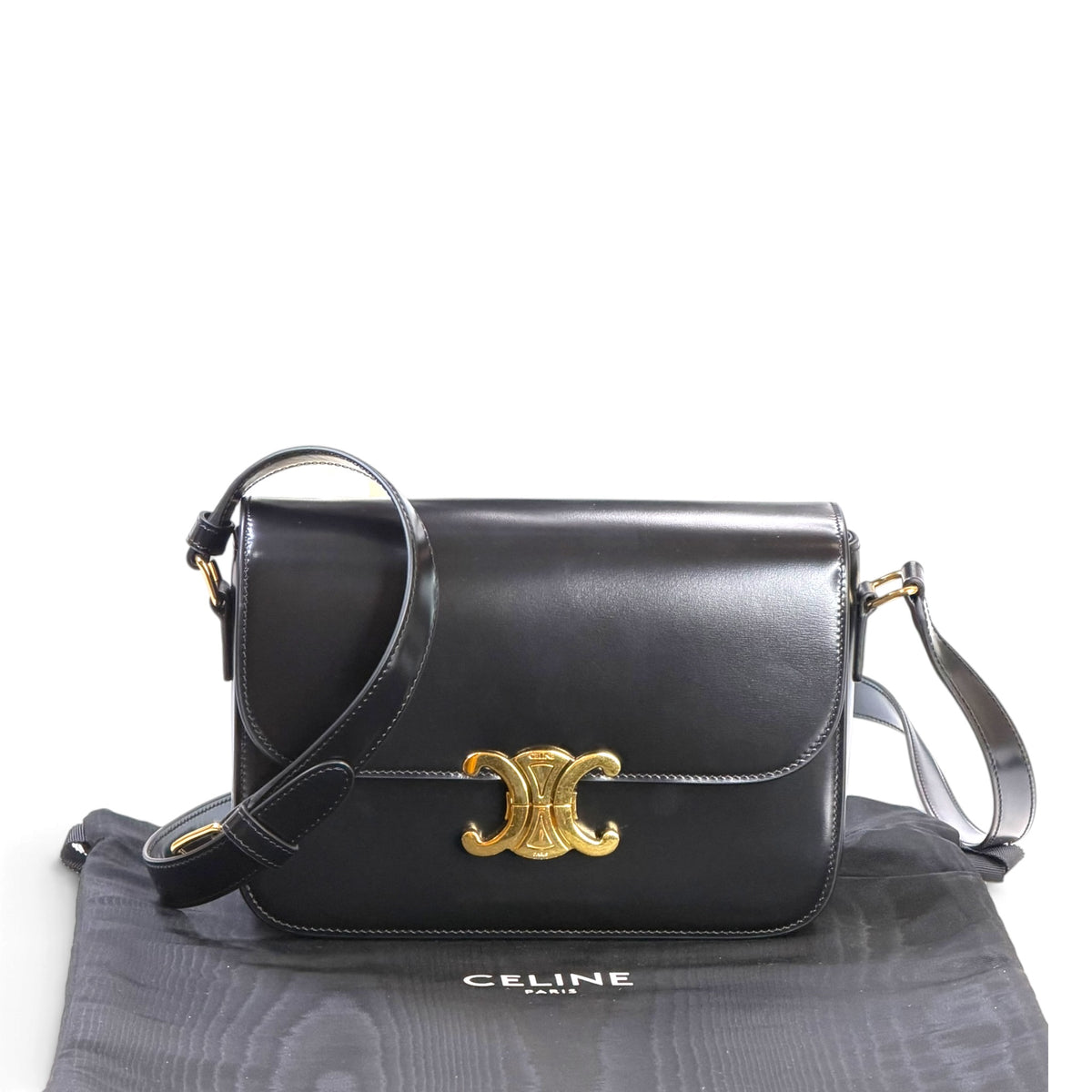 Celine Classique medium black calf skin leather Triomphe crossbody Bag