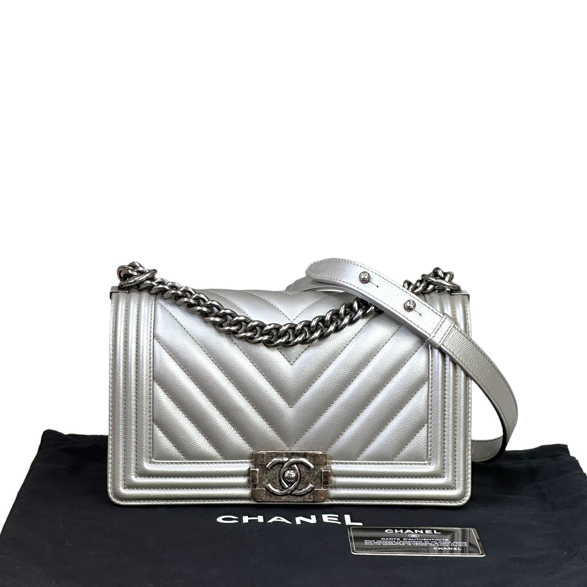 Chanel Boy Bag Medium Metallic Grey Chevron Caviar