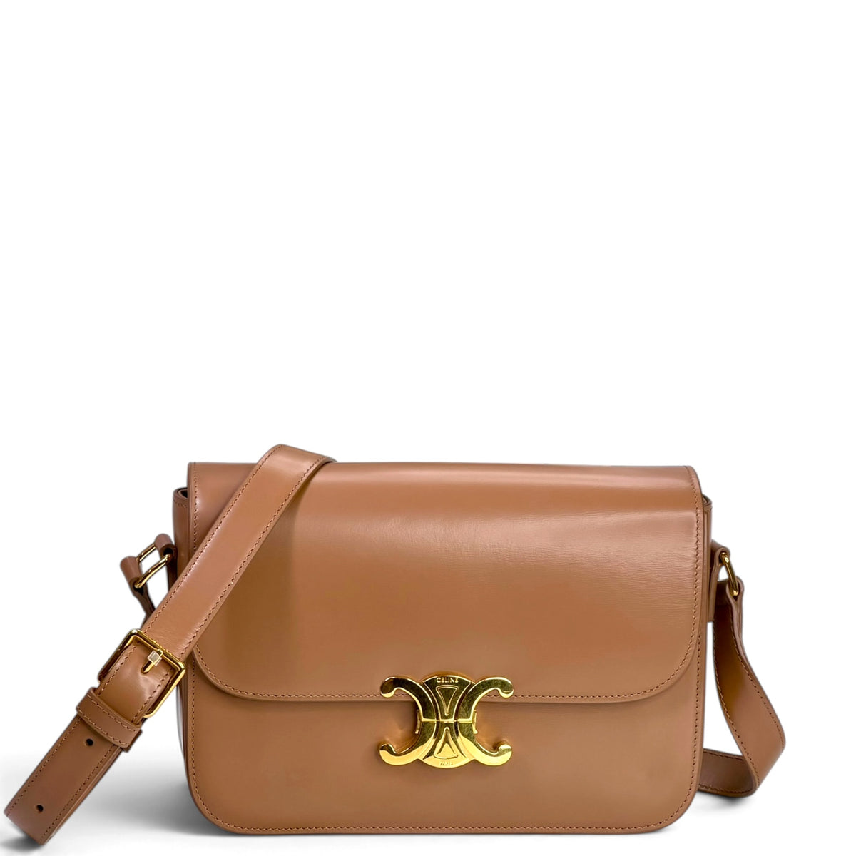Celine Classique medium Tan calf skin leather Triomphe crossbody Bag