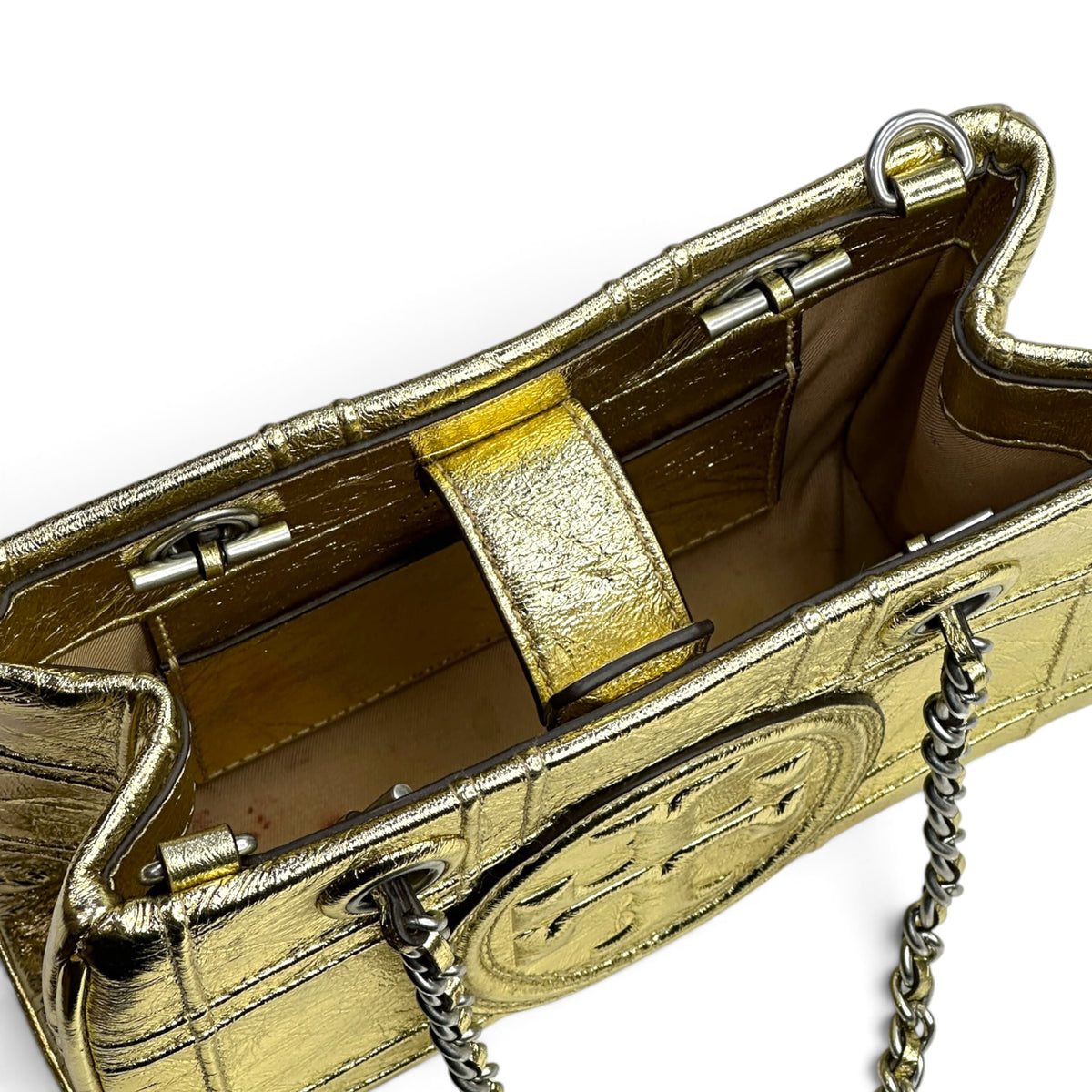 Tory burch mini Fleming gold leather chain hand bag