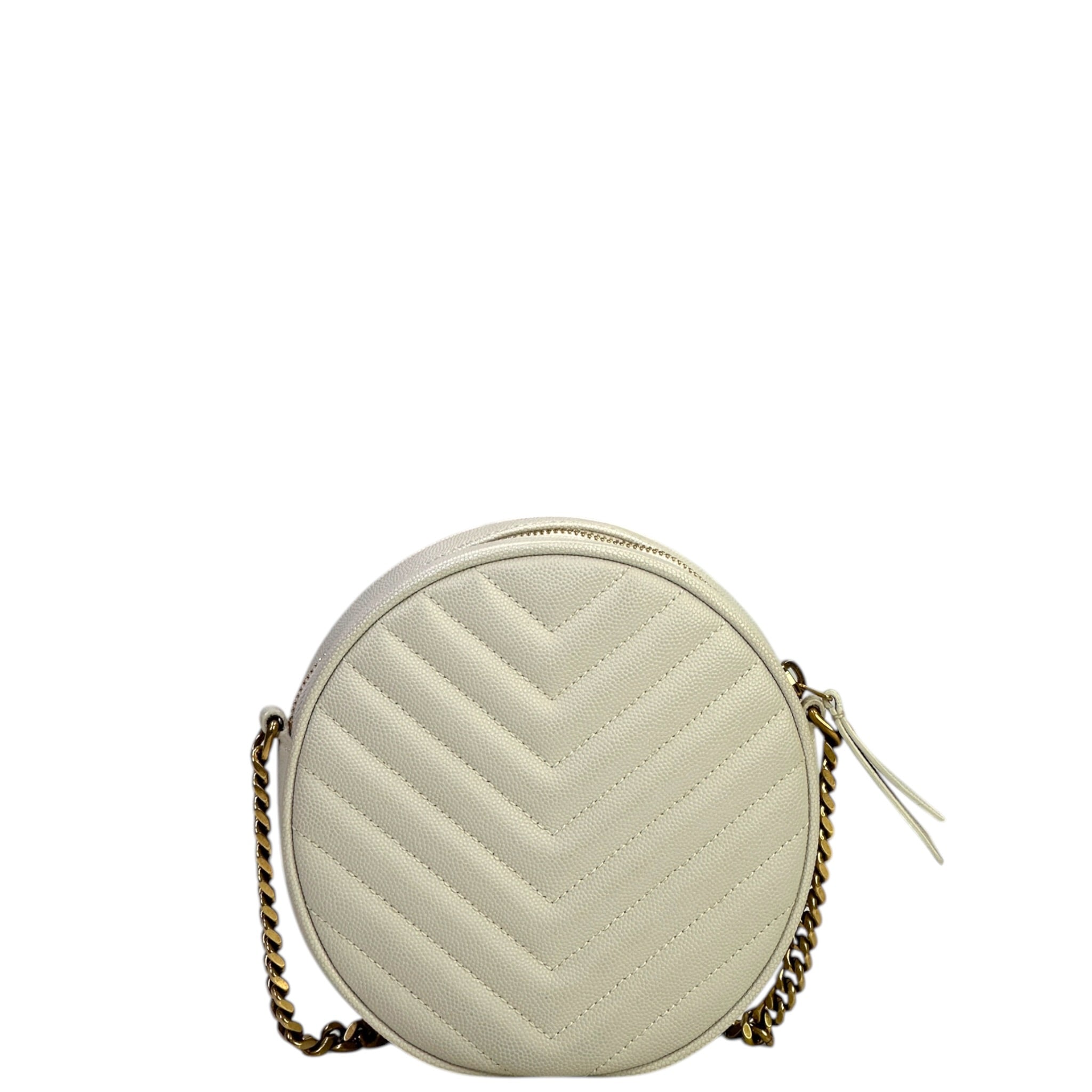 Saint Laurent Vinyle Round Camera Bag white chevron-quilted grain de poudre
