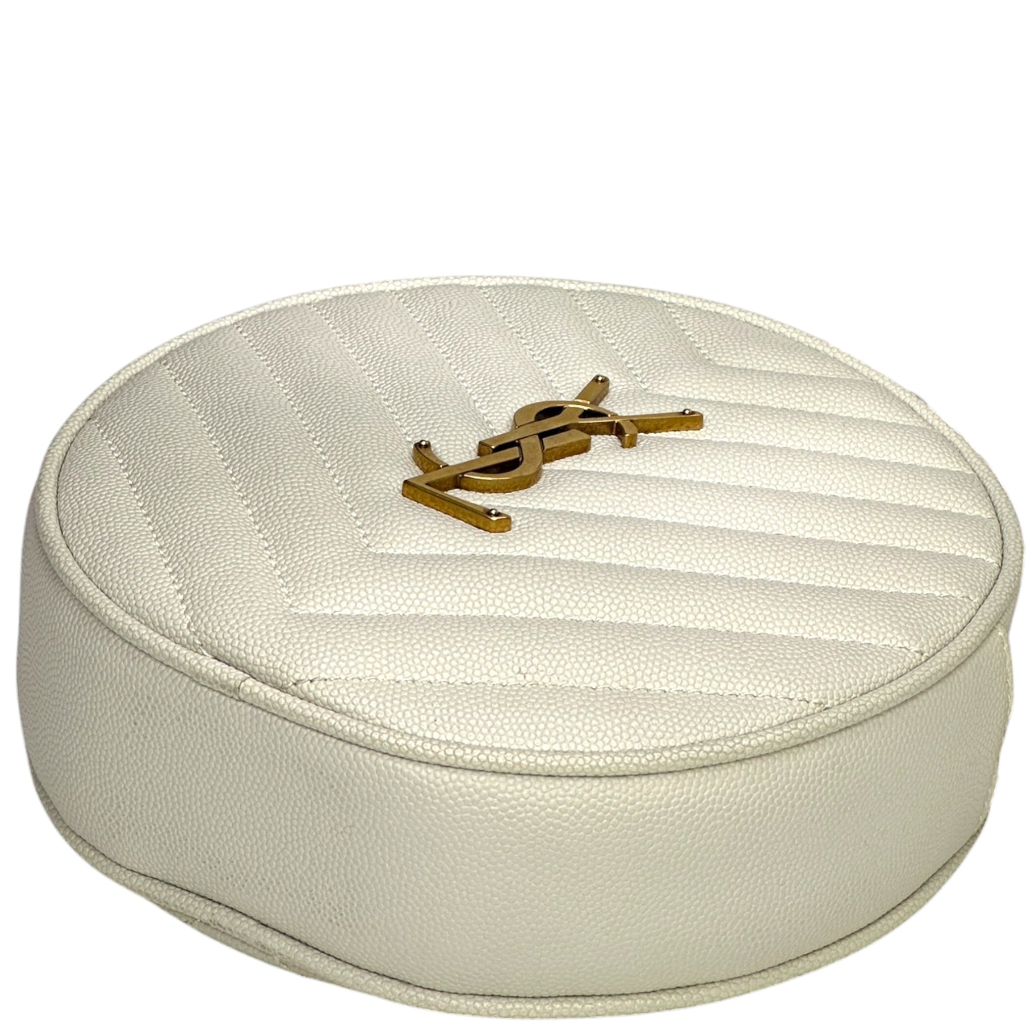 Saint Laurent Vinyle Round Camera Bag white chevron-quilted grain de poudre