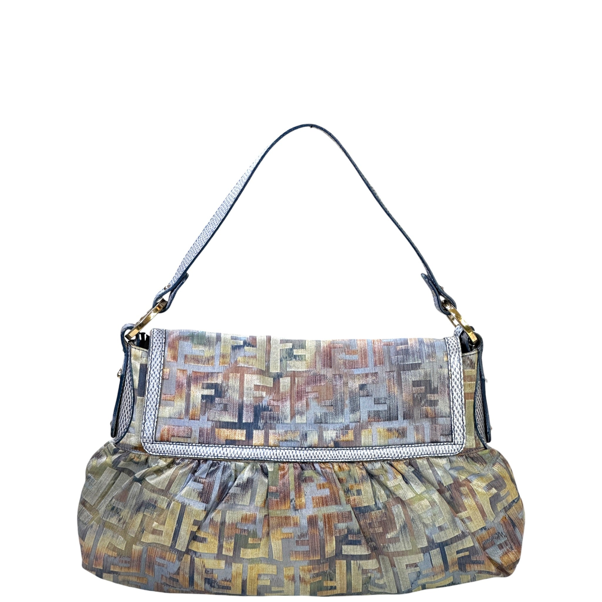 Fendi Chef Shoulder Bag Multicolor Zucca Fabric Lizard Embossed Leather