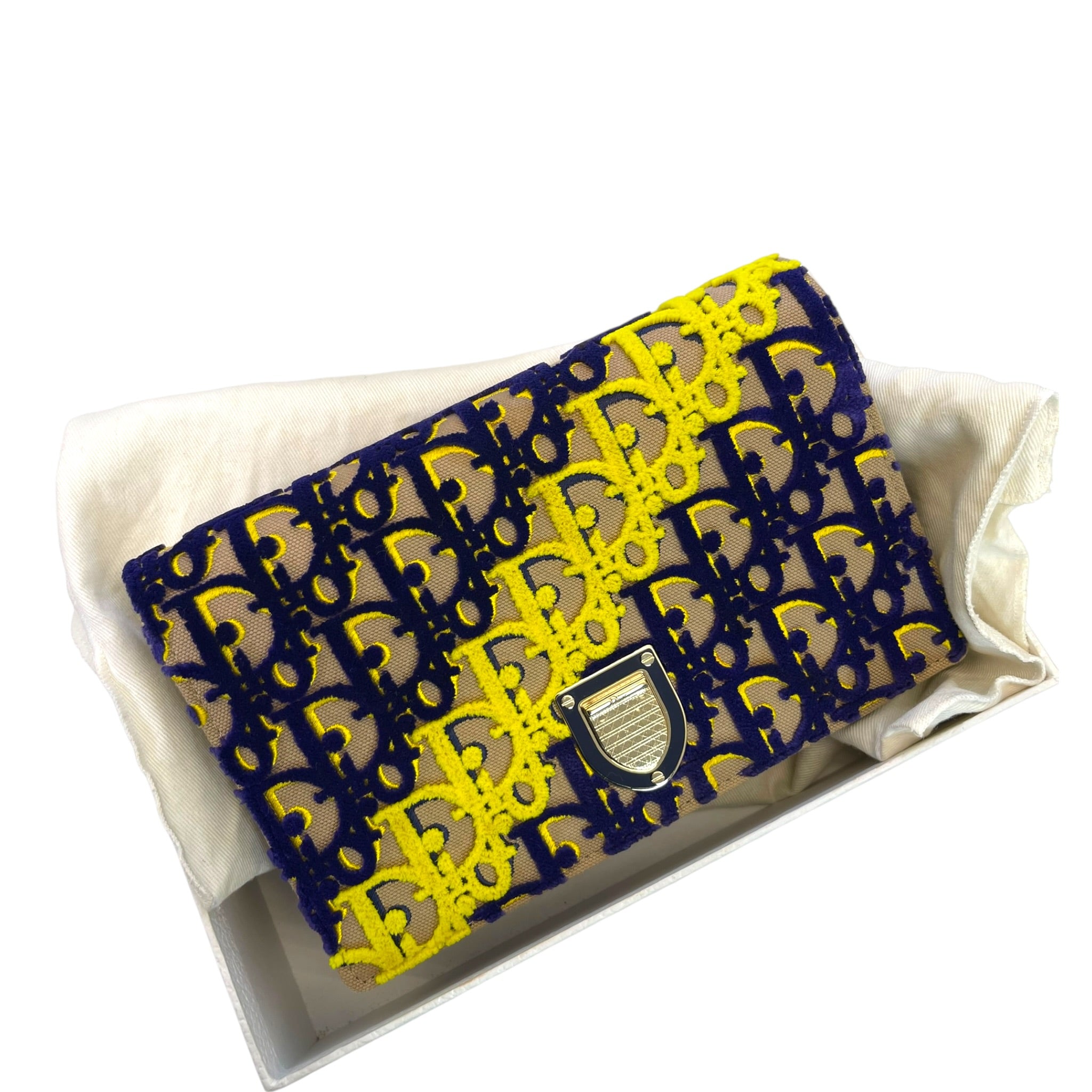 Christian Dior Diorama Wallet On Chain Blue Yellow Velvet Monogram