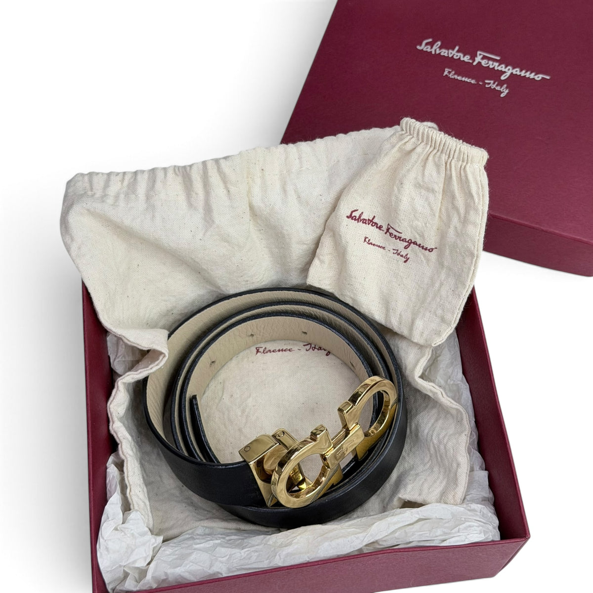 Salvatore Ferragamo Reversible Gancini Black Leather Belt
