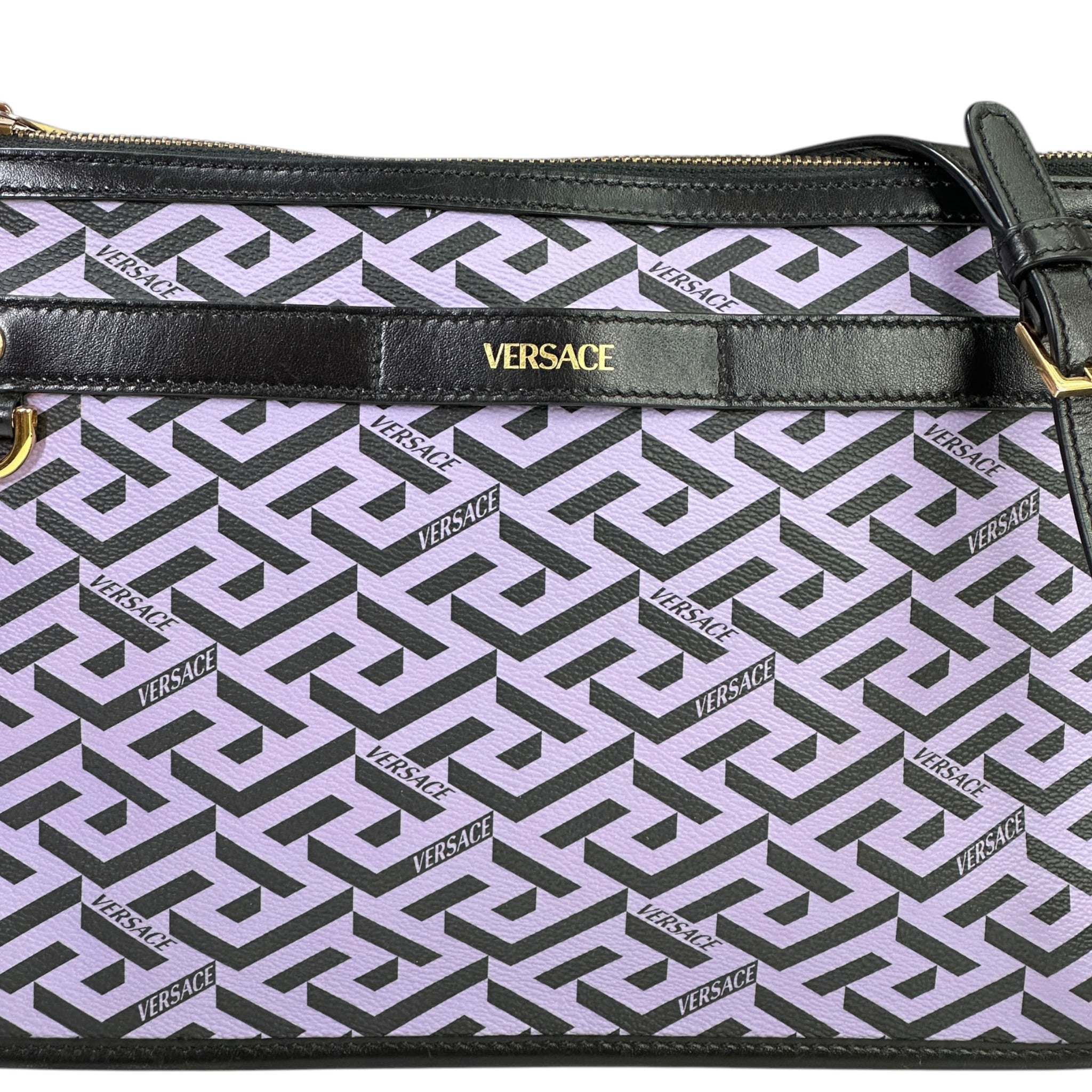 Versace La Greca Signature Sling Pouch Purple Black geometric pattern canvas