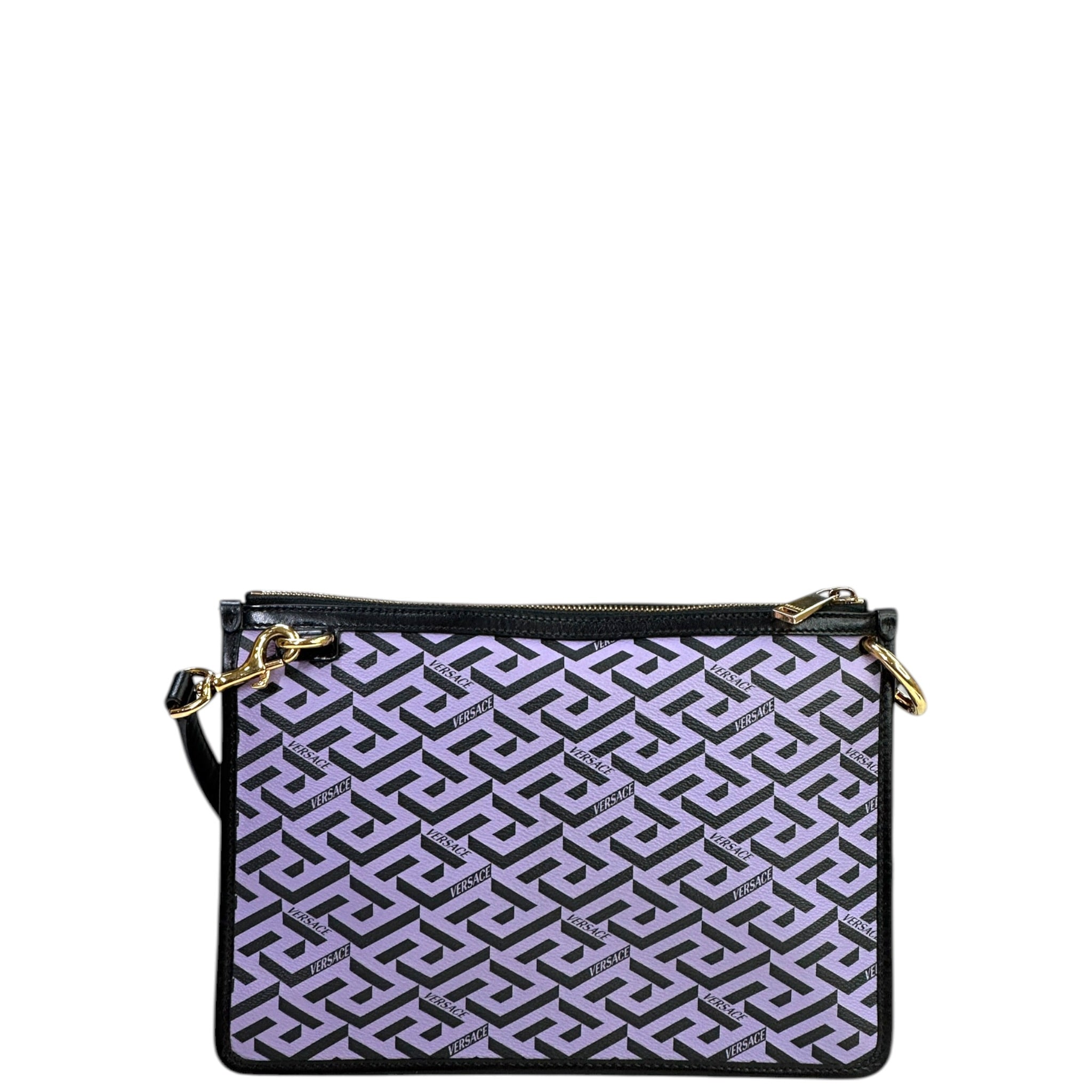 Versace La Greca Signature Sling Pouch Purple Black geometric pattern canvas