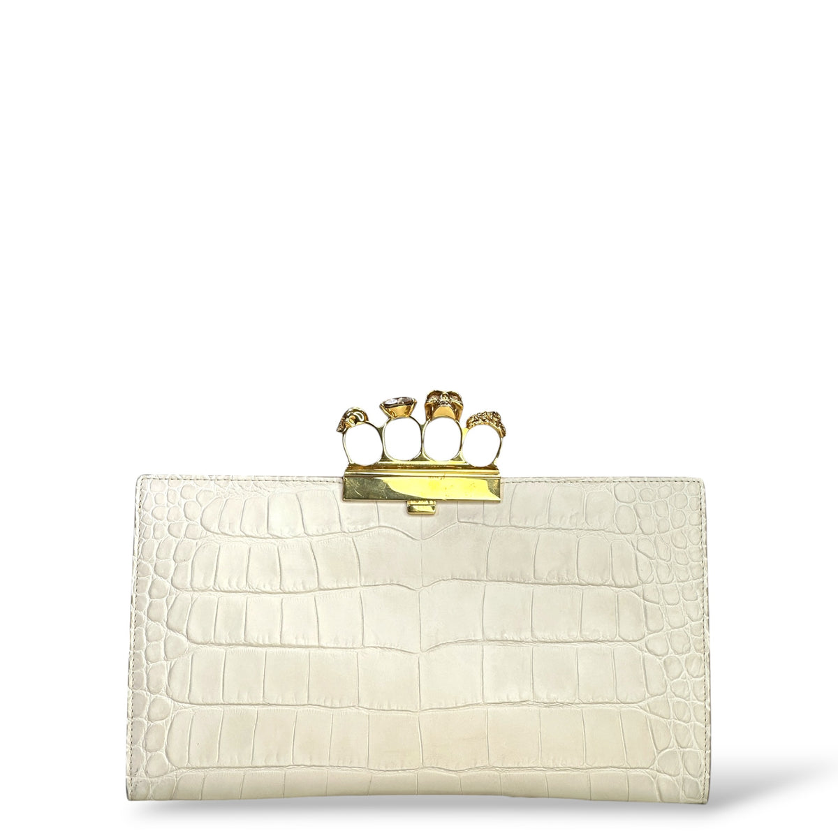 Alexander Mcqueen Ivory Crroc Embossed Leather Four Ring Kuncle Handle Clutch
