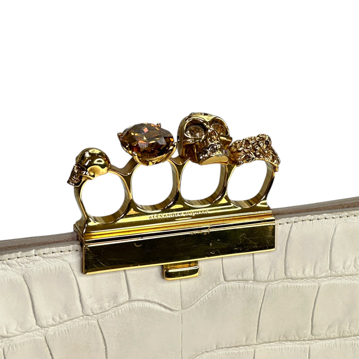 Alexander Mcqueen Ivory Crroc Embossed Leather Four Ring Kuncle Handle Clutch