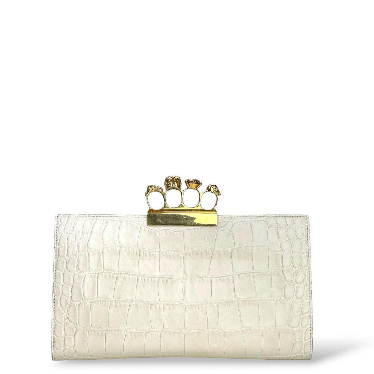 Alexander Mcqueen Ivory Crroc Embossed Leather Four Ring Kuncle Handle Clutch