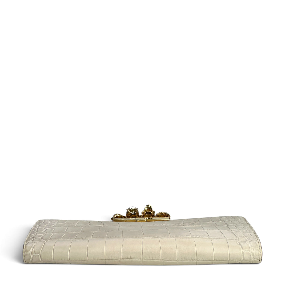 Alexander Mcqueen Ivory Crroc Embossed Leather Four Ring Kuncle Handle Clutch