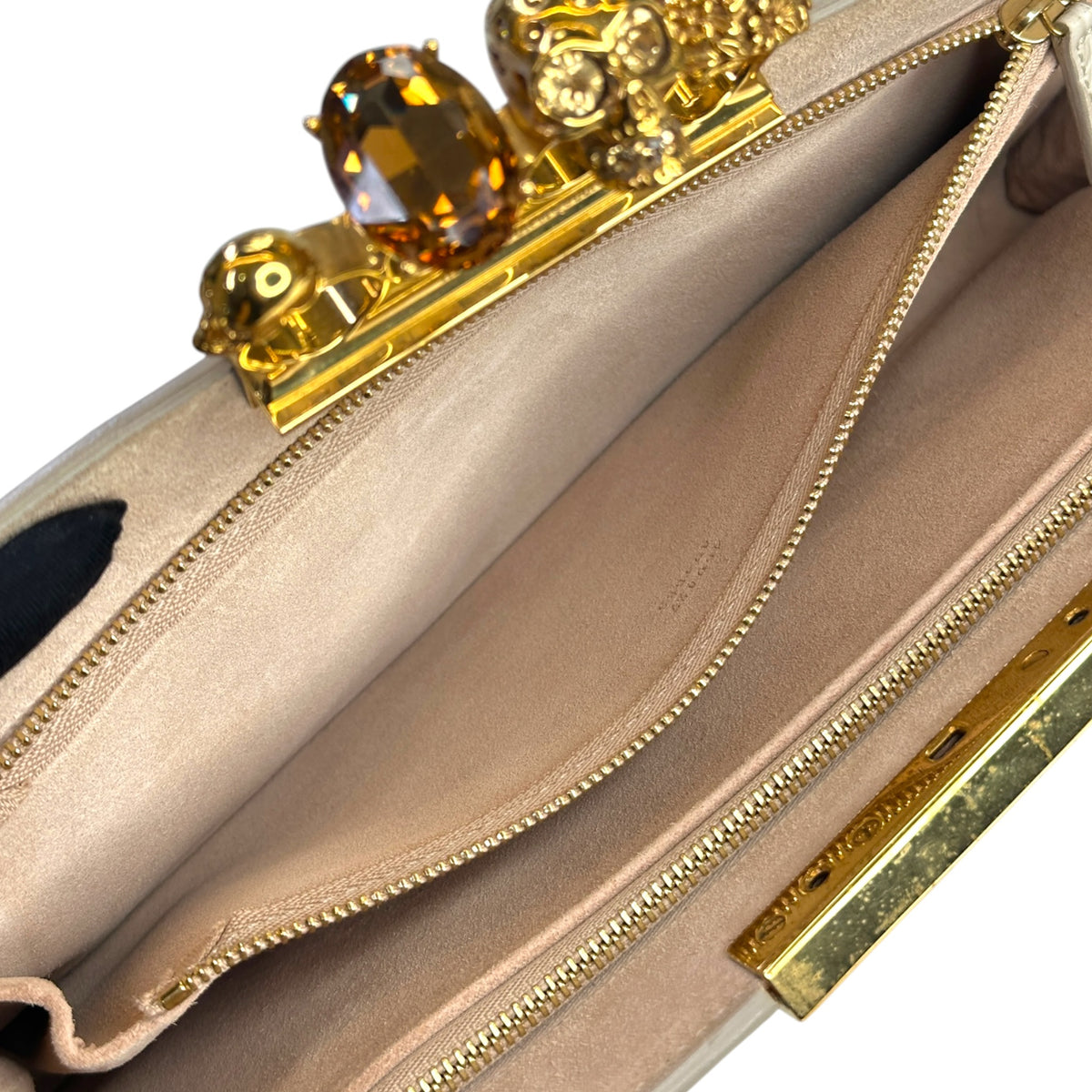 Alexander Mcqueen Ivory Crroc Embossed Leather Four Ring Kuncle Handle Clutch