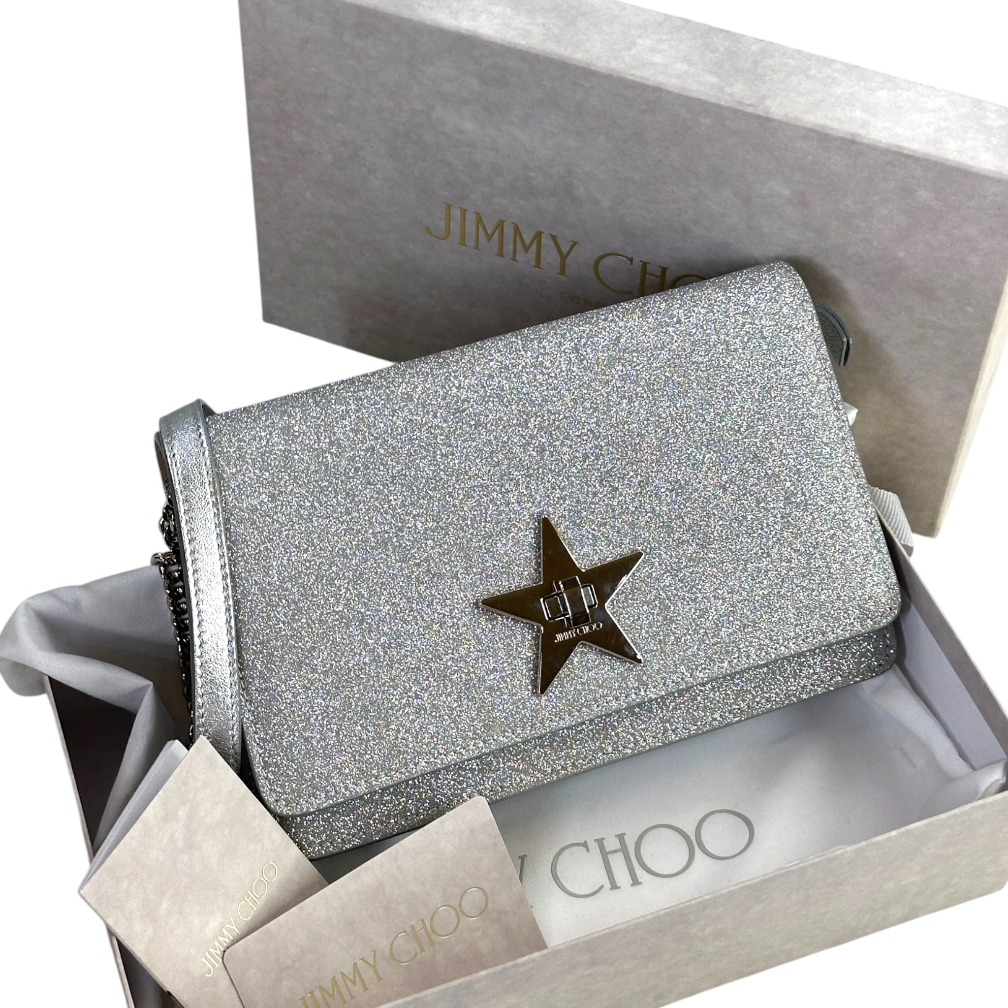 Jimmy Choo Palace Star Lock Silver Glitter Crossbody Bag