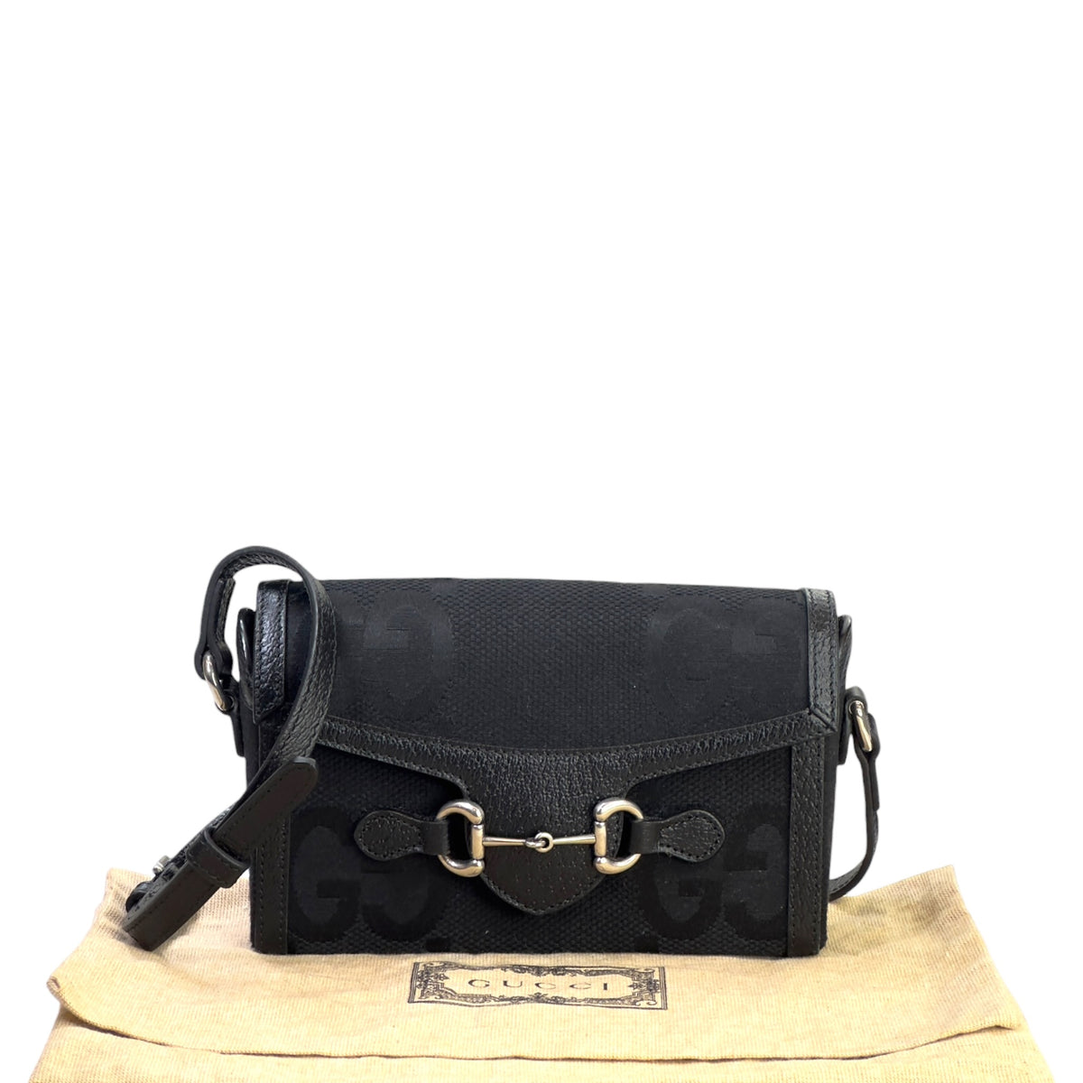 Gucci Horsebit 1955 Jumbo GG Black Canvas Leather Crossbody Bag