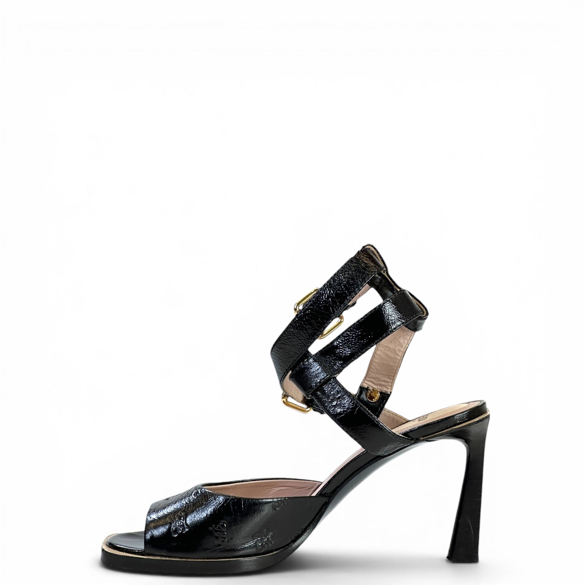 Fendi Karligraphy Ankle Strap Sandals Black Leather Size 38.5
