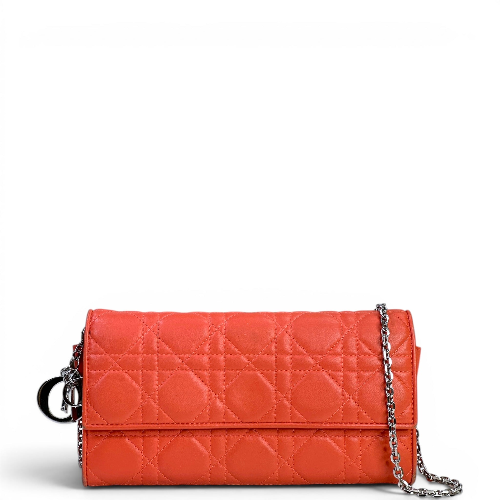 Christian Dior Rendezvous Wallet On Chain Orange Cannage Leather