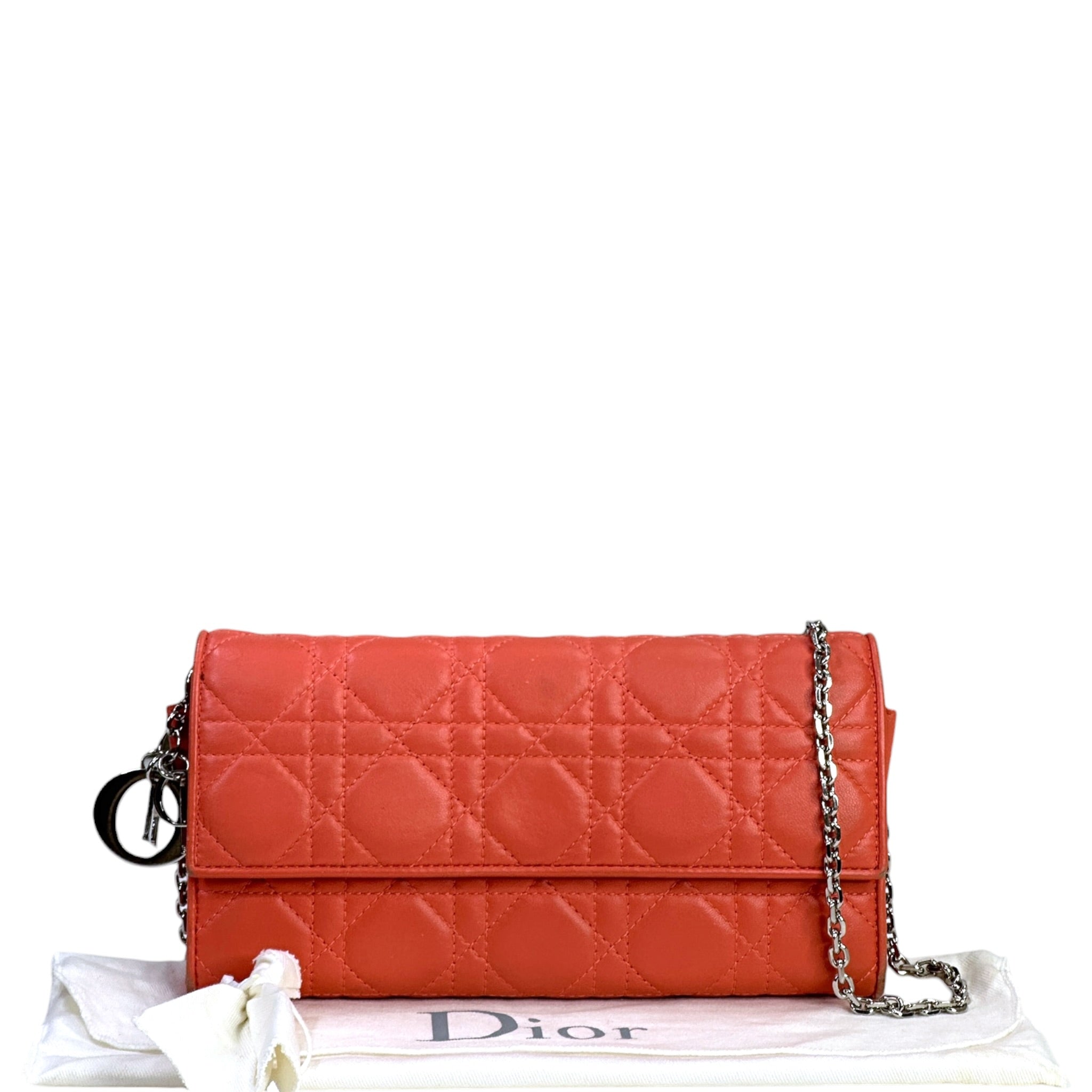 Christian Dior Rendezvous Wallet On Chain Orange Cannage Leather