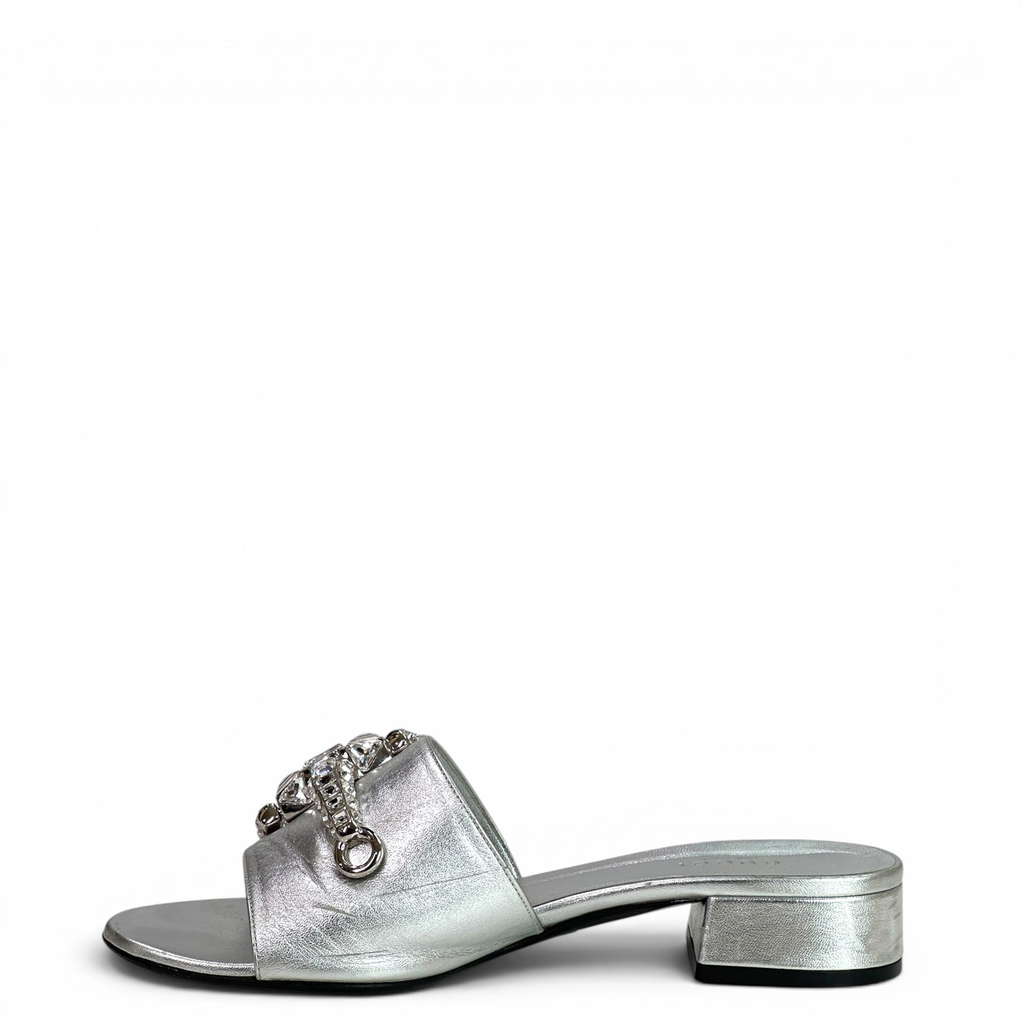 Gucci Maxime Metallic Silver Leather Slide Sandals EU 37
