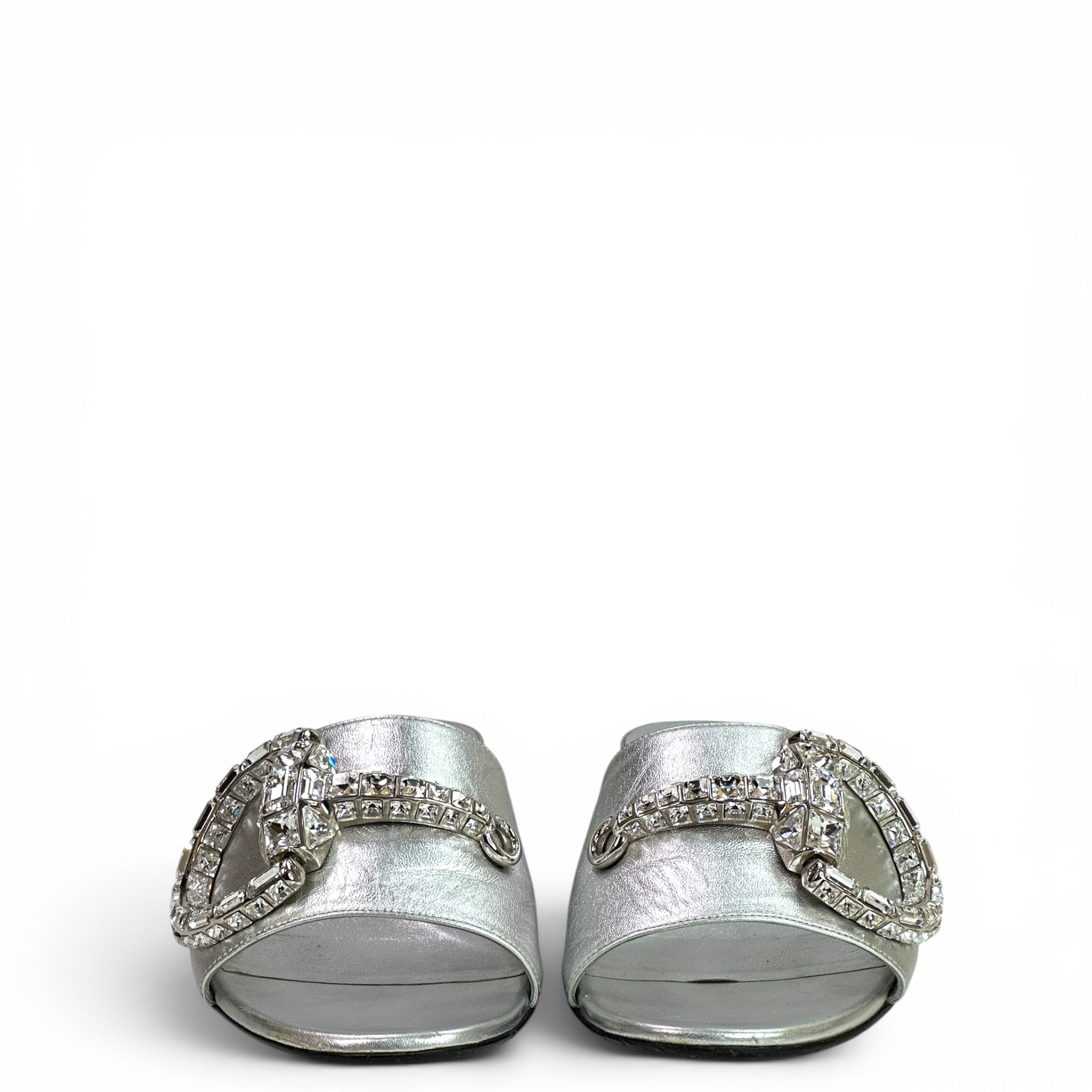 Gucci Maxime Metallic Silver Leather Slide Sandals EU 37