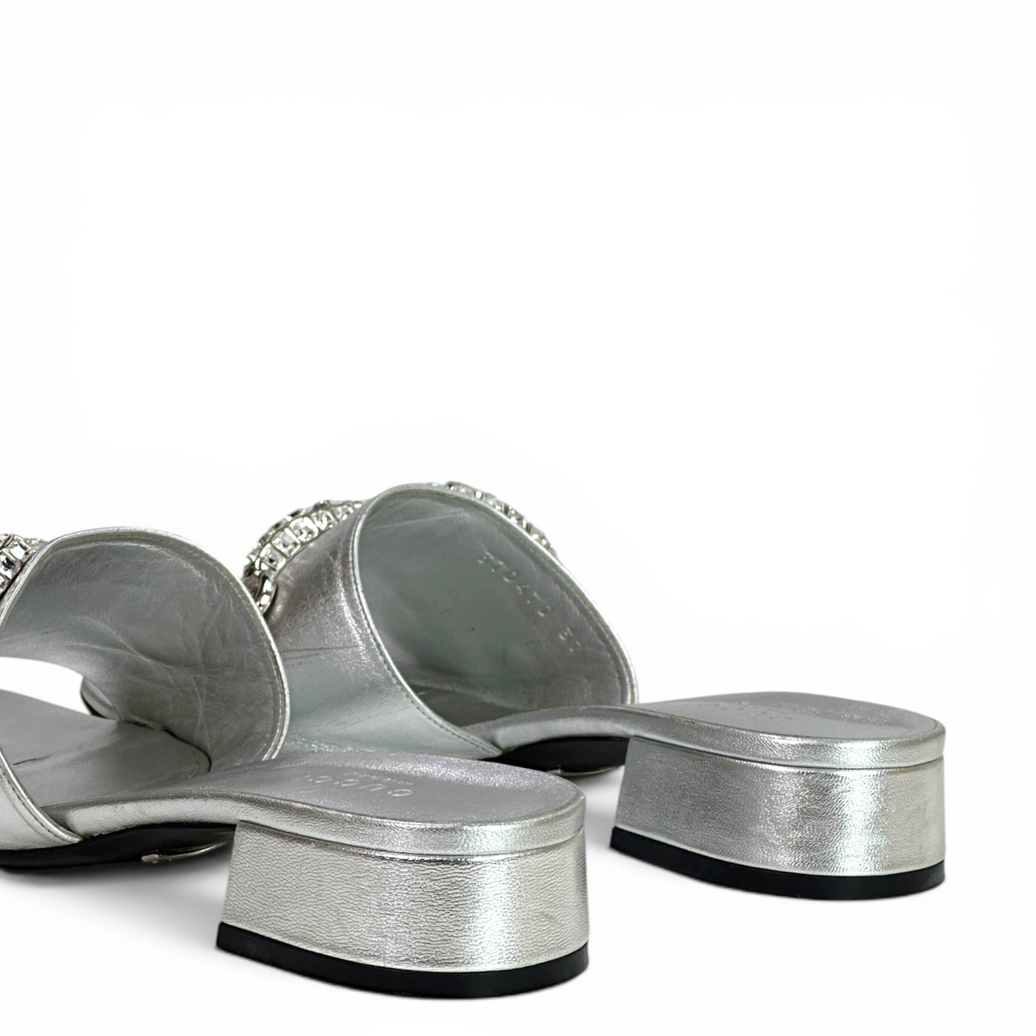 Gucci Maxime Metallic Silver Leather Slide Sandals EU 37