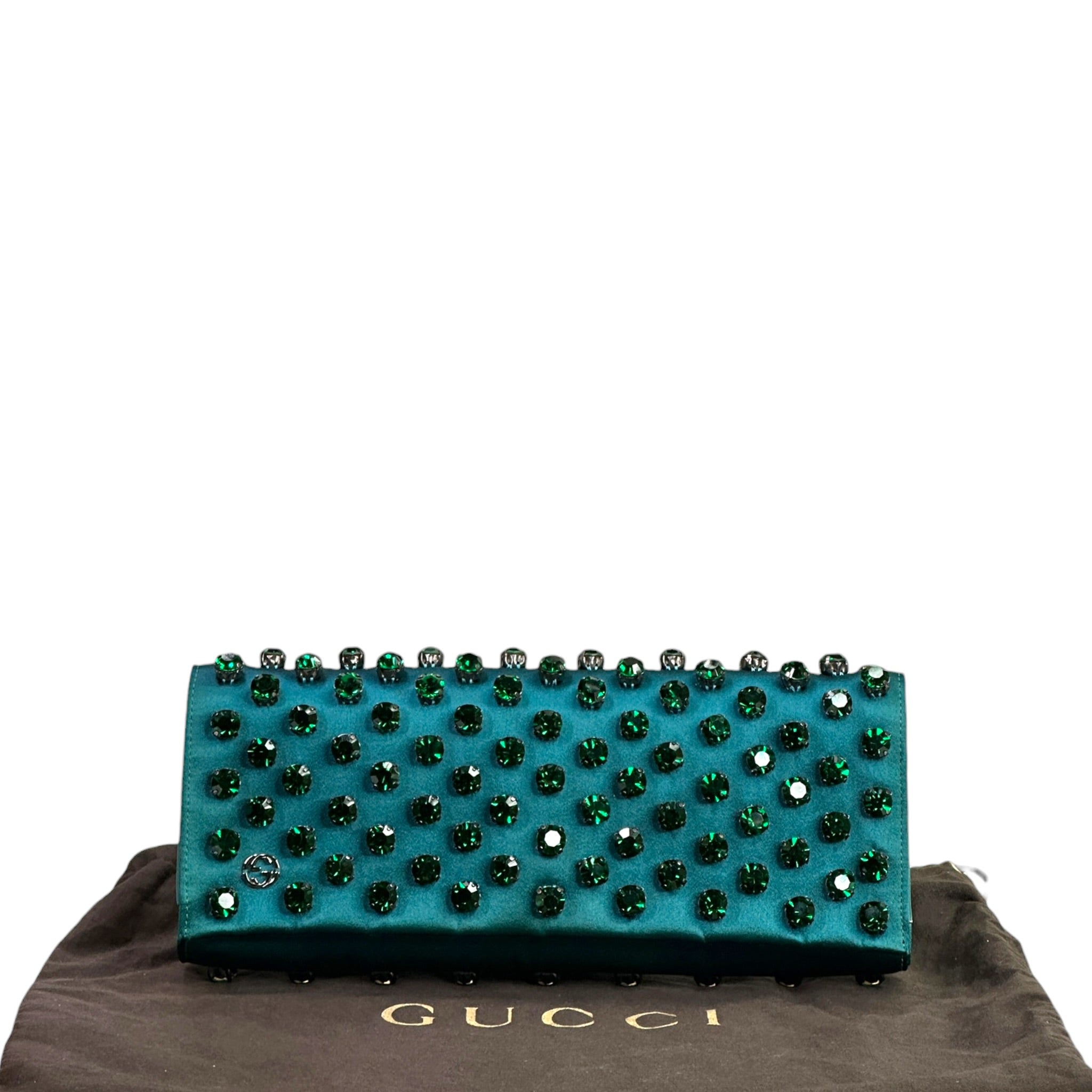 Gucci Broadway Clutch Green Crystal Embellished Teal Satin