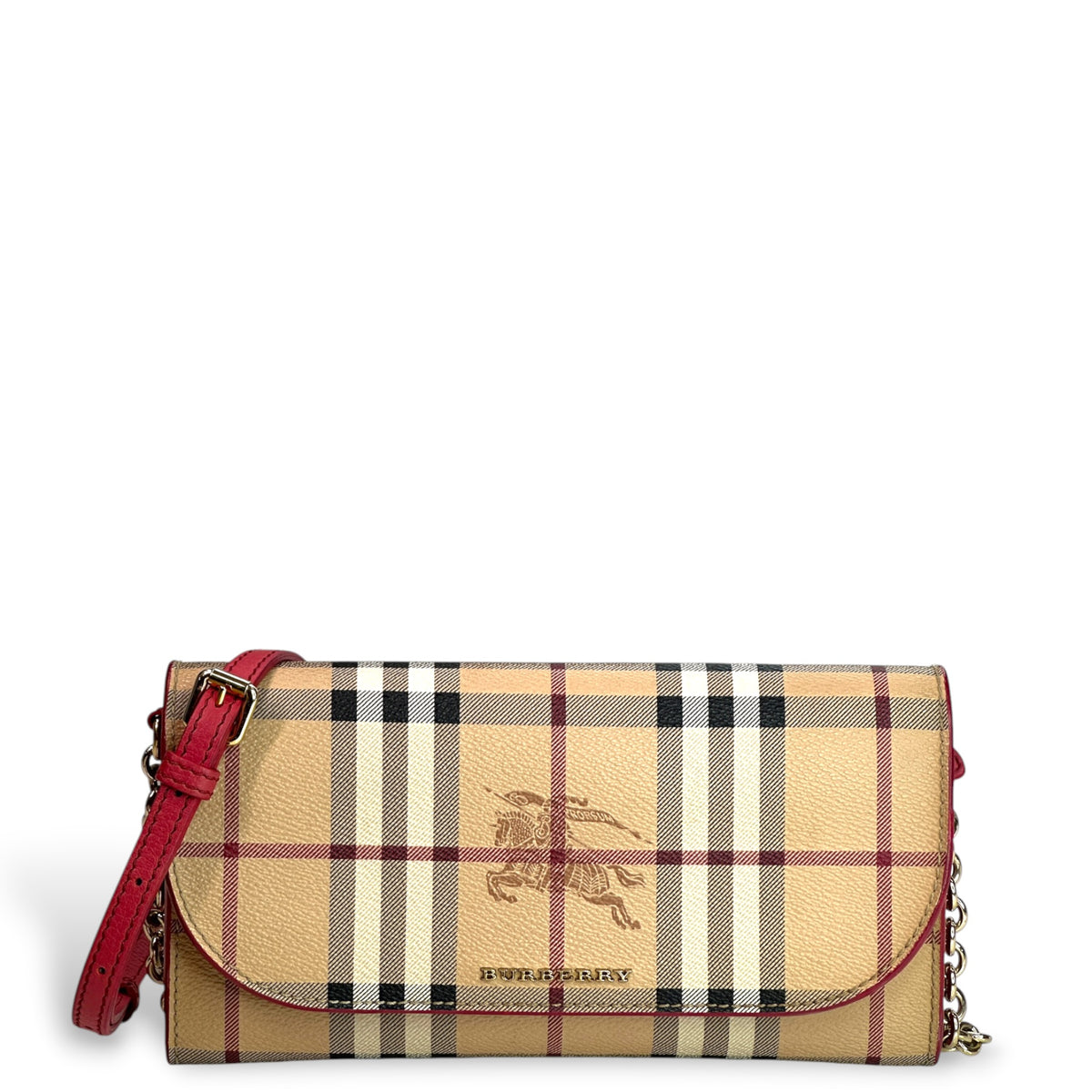 Burberry Haymarket Check Coral Leather Wallet on Chain Bag