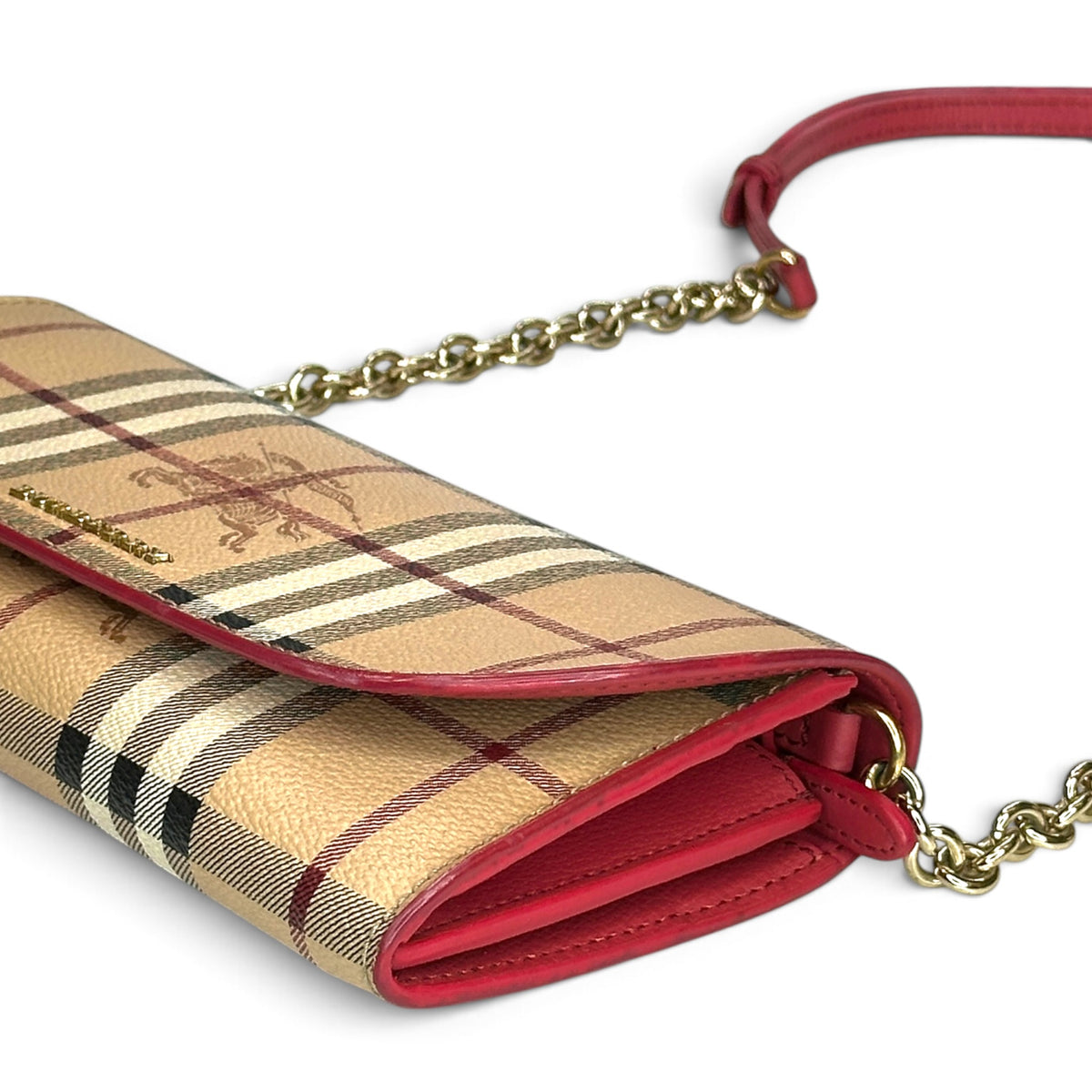 Burberry Haymarket Check Coral Leather Wallet on Chain Bag