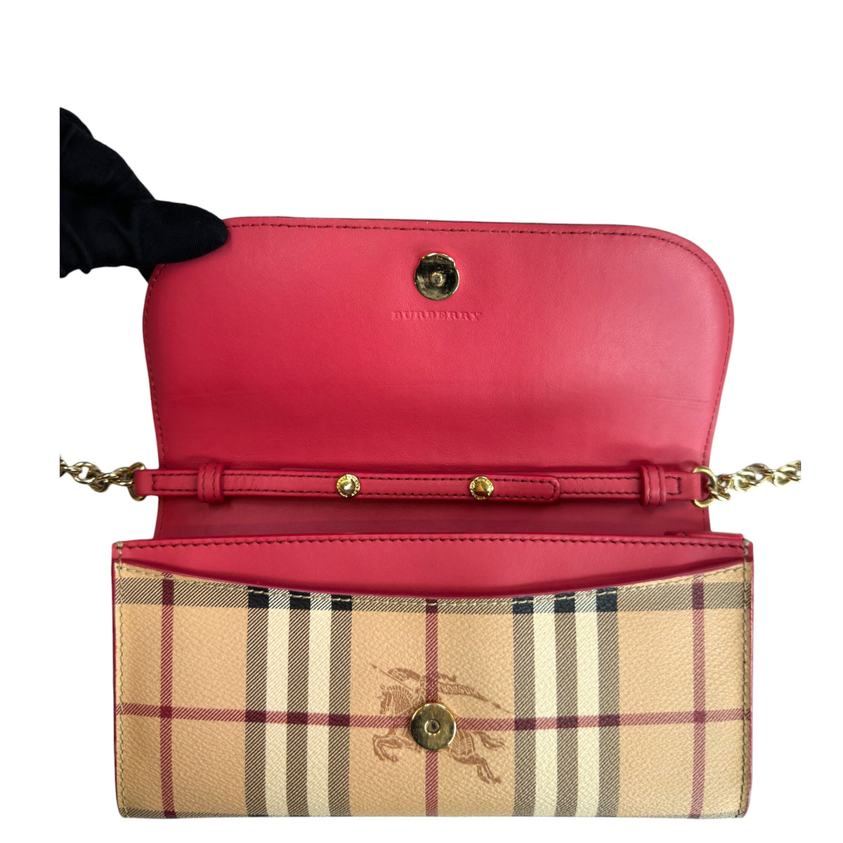 Burberry Haymarket Check Coral Leather Wallet on Chain Bag