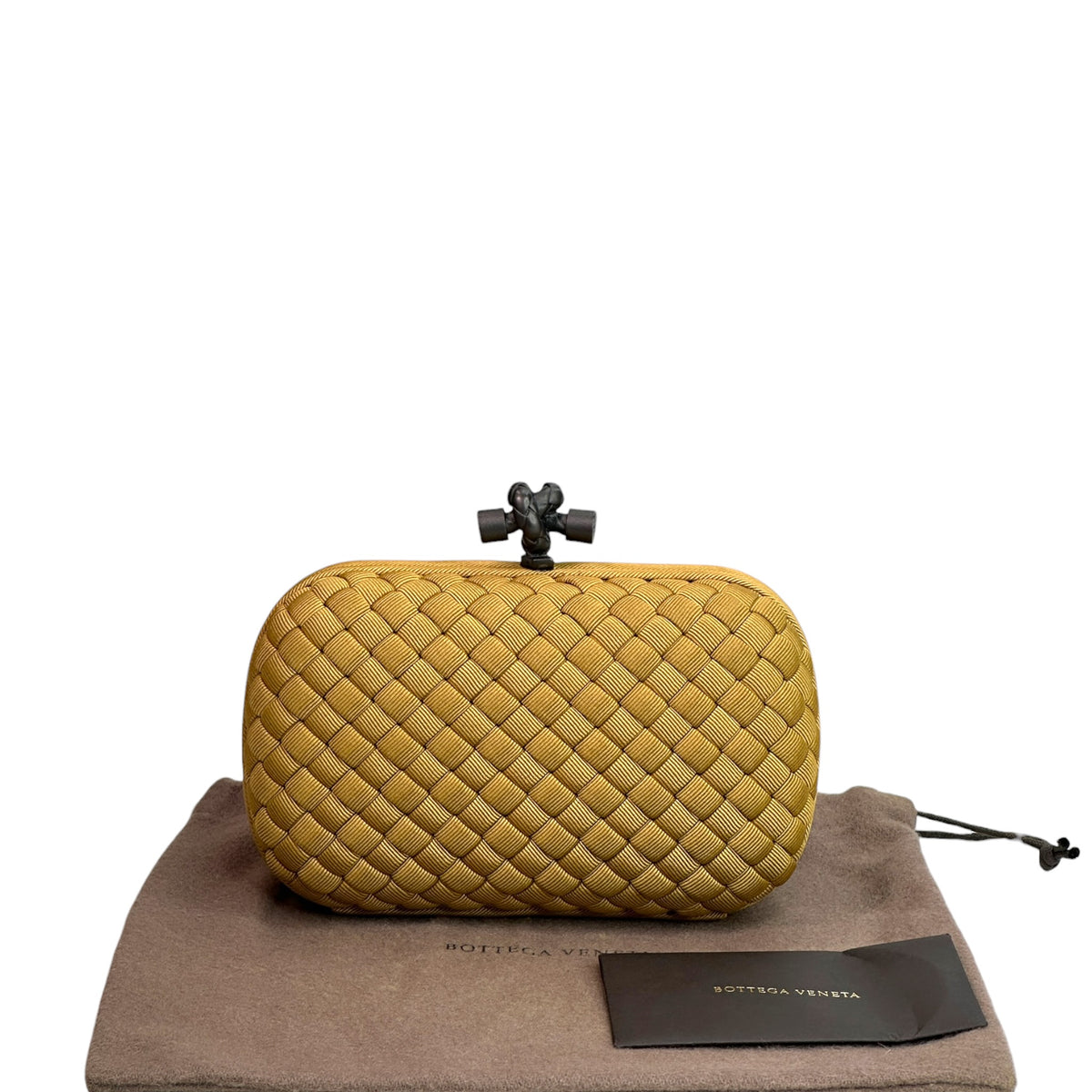 Bottega Veneta Intrecciato Knot Mustard yellow satin clutch