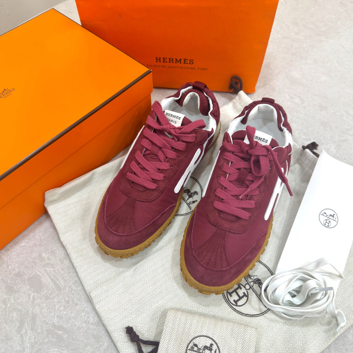 Hermes Jet Burgundy Suede Goatskin Sneaker EU 39.5