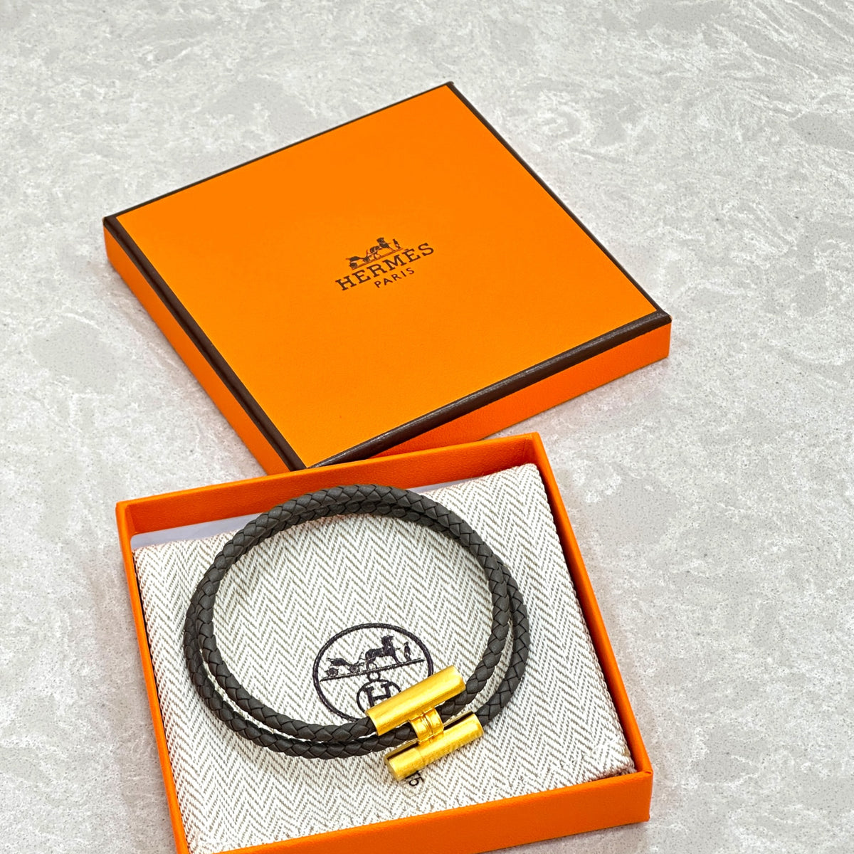 Hermes Tornis Tresse Grey Leather bracelet