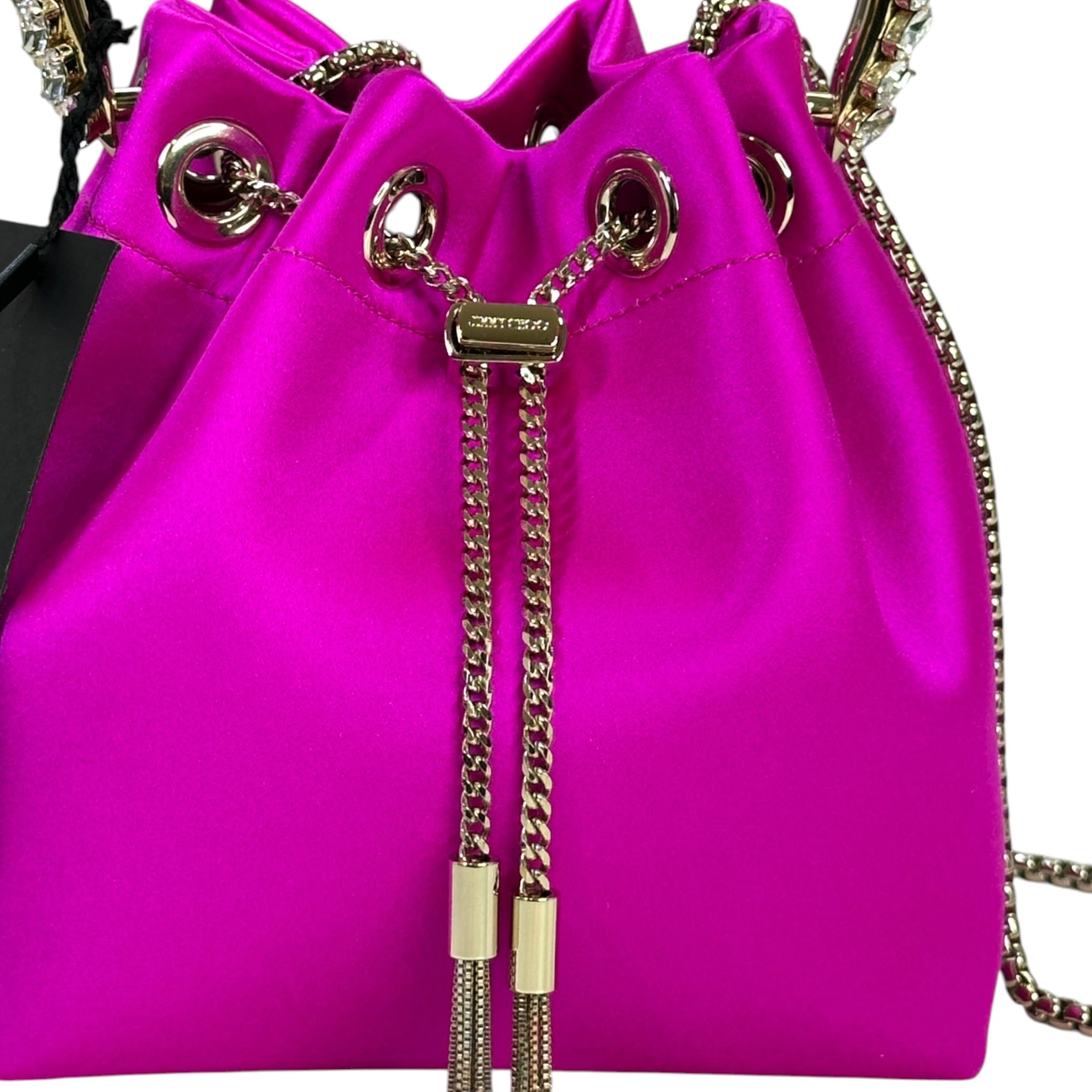 Jimmy Choo Bon Bon Bucket Bag Mini Fuchsia Satin Crystal Embellished