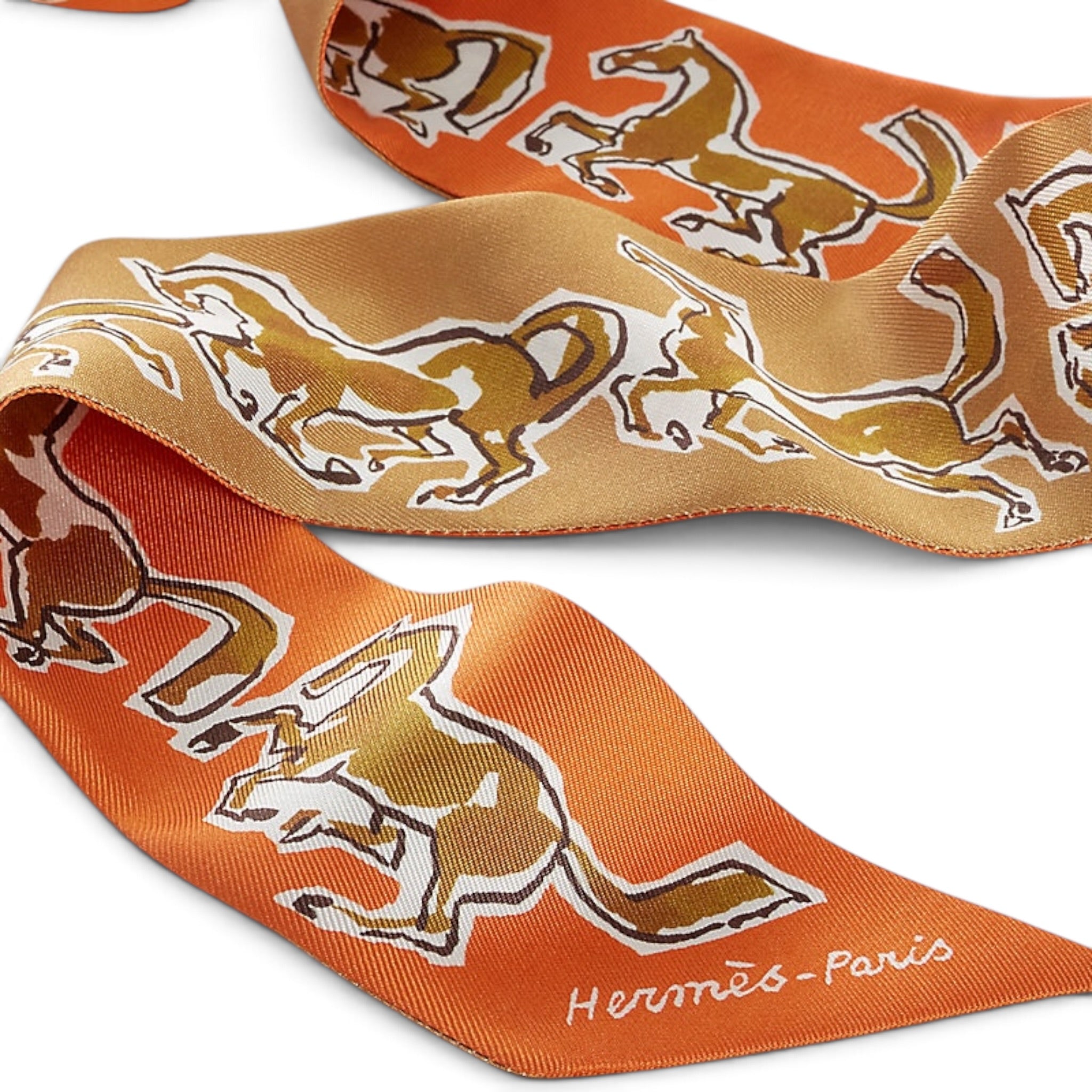 Hermes Chevaux Liberte Orange Twilly Silk Ribbon