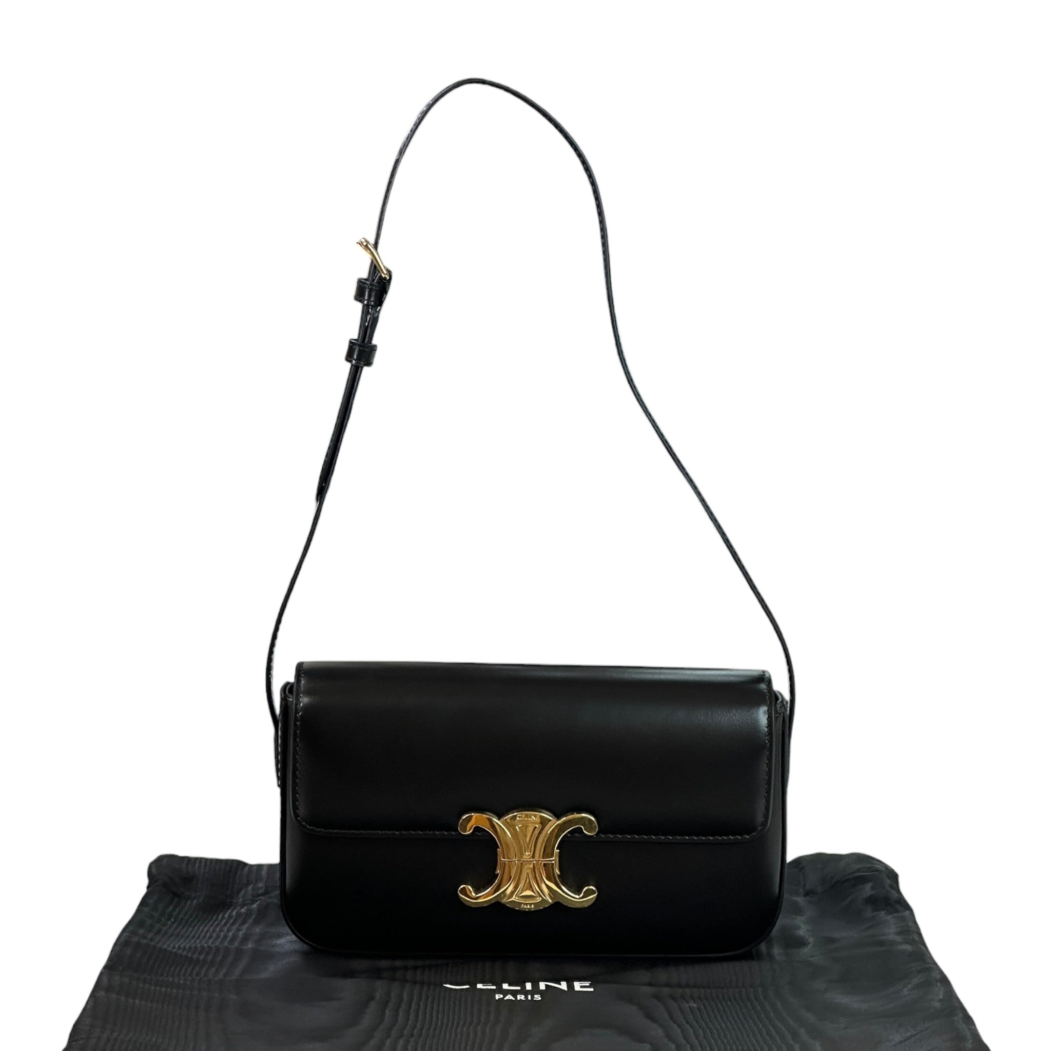 Celine Claude Triomphe Shoulder Bag Black Shiny Calfskin Leather