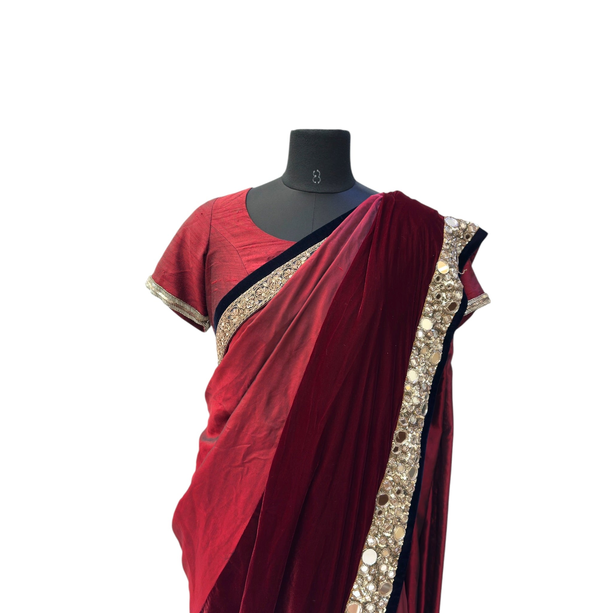 Manish Malhotra Maroon Velvet Saree Set Mirror Embroidery Size M-L