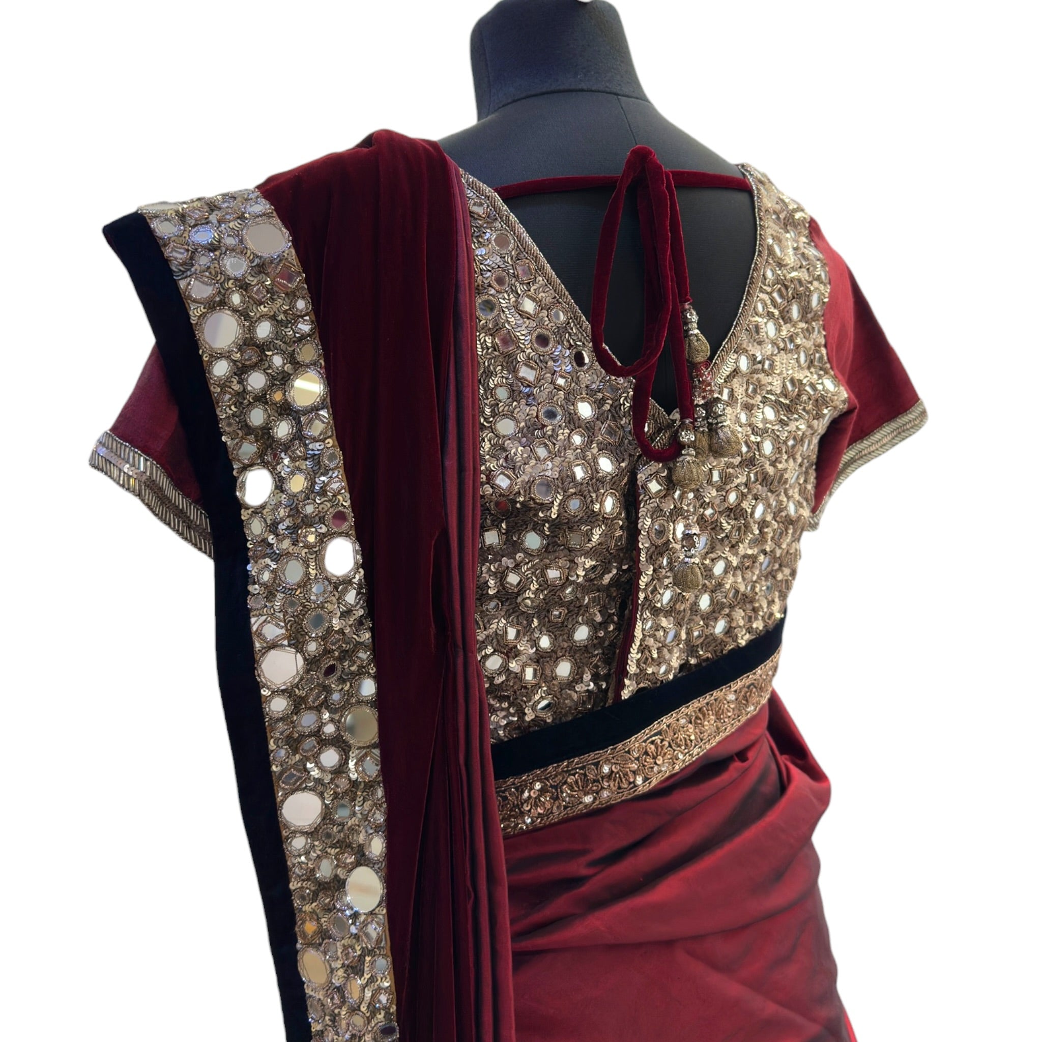 Manish Malhotra Maroon Velvet Saree Set Mirror Embroidery Size M-L