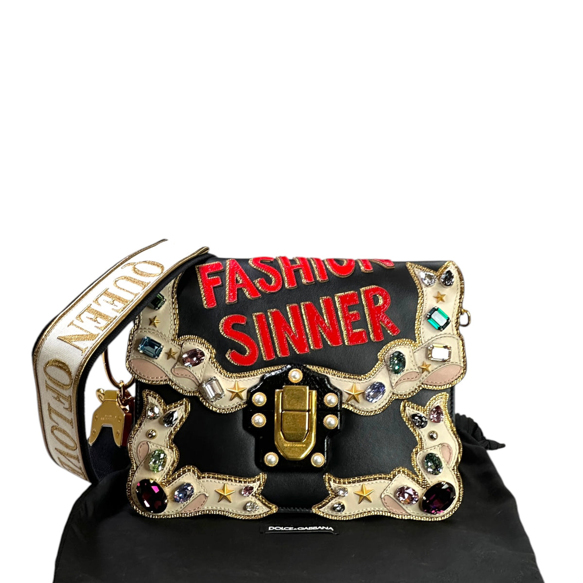 Dolce & Gabbana Lucia "Fashion Sinner" Crystal-Embellished small black leather Shoulder Bag