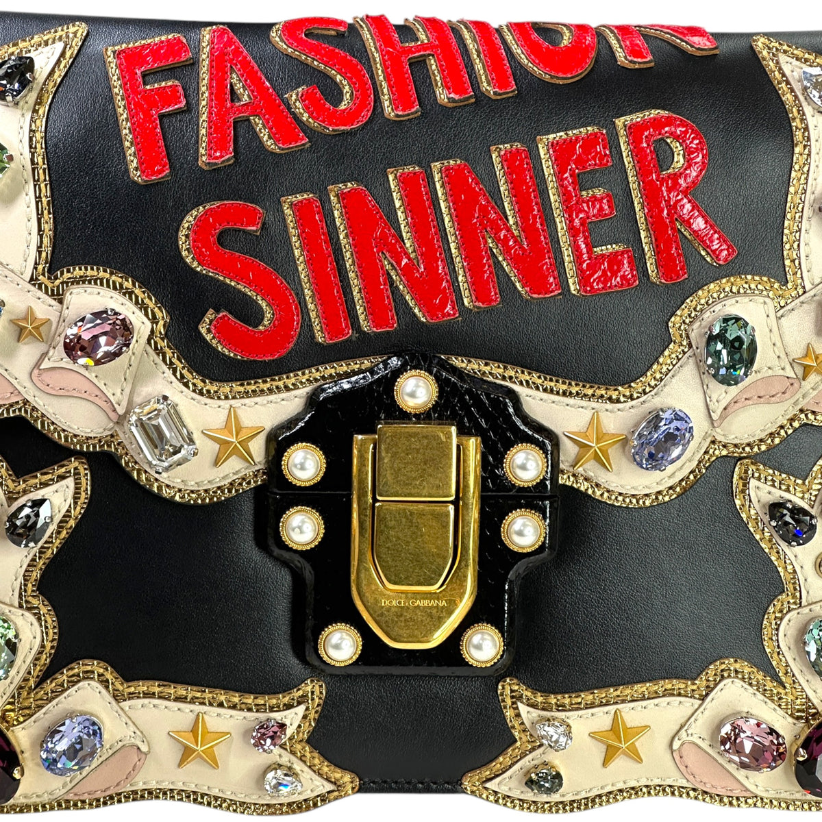 Dolce & Gabbana Lucia "Fashion Sinner" Crystal-Embellished small black leather Shoulder Bag