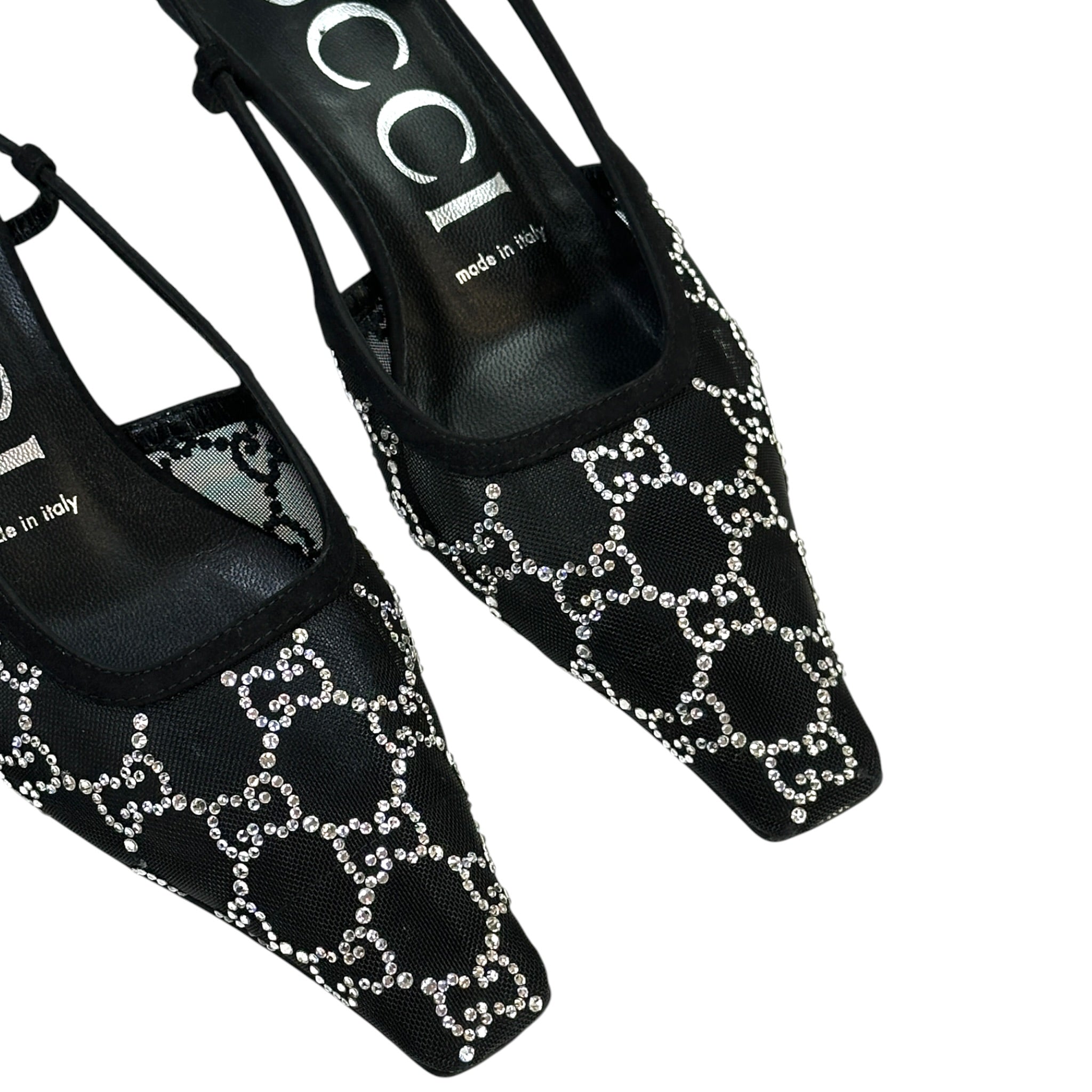 Gucci GG Crystal Slingback Pumps Black Mesh Size 37