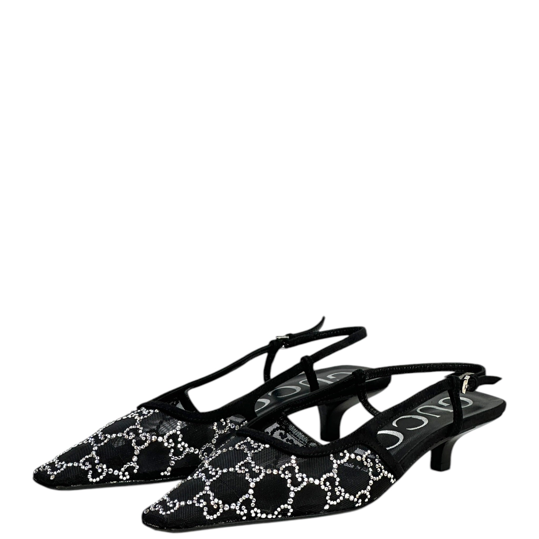 Gucci GG Crystal Slingback Pumps Black Mesh Size 37
