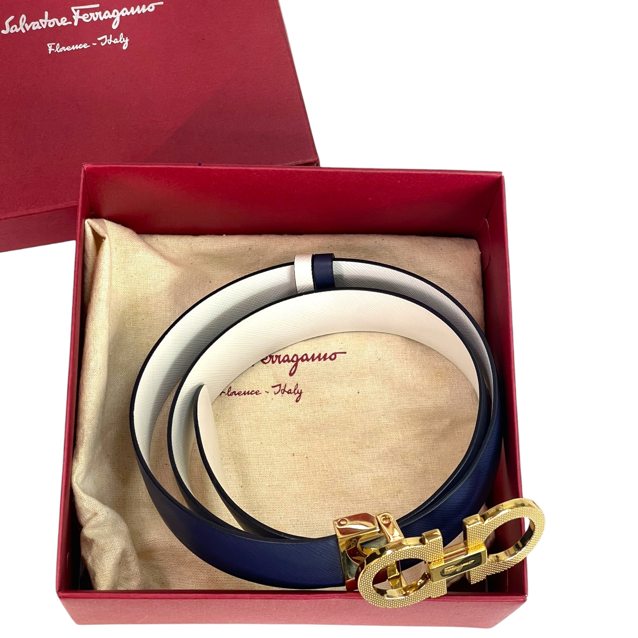 Salvatore Ferragamo Reversible Gancini Belt Blue Whilte Leather 76cm