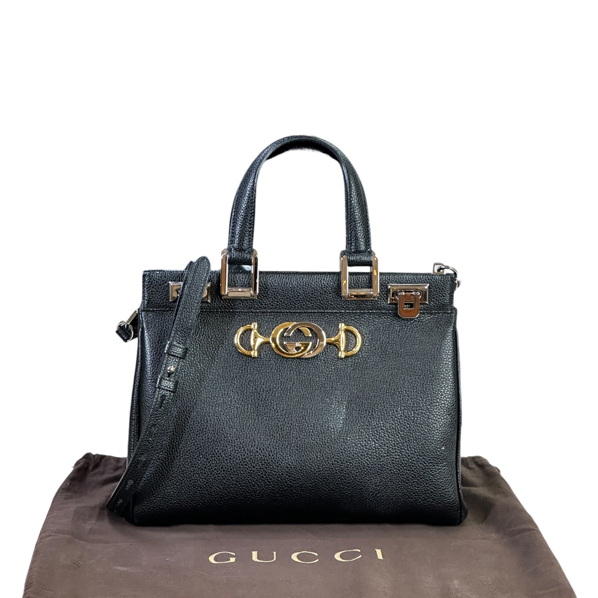 Gucci Zumi Top Handle Bag Small Black Grainy Leather