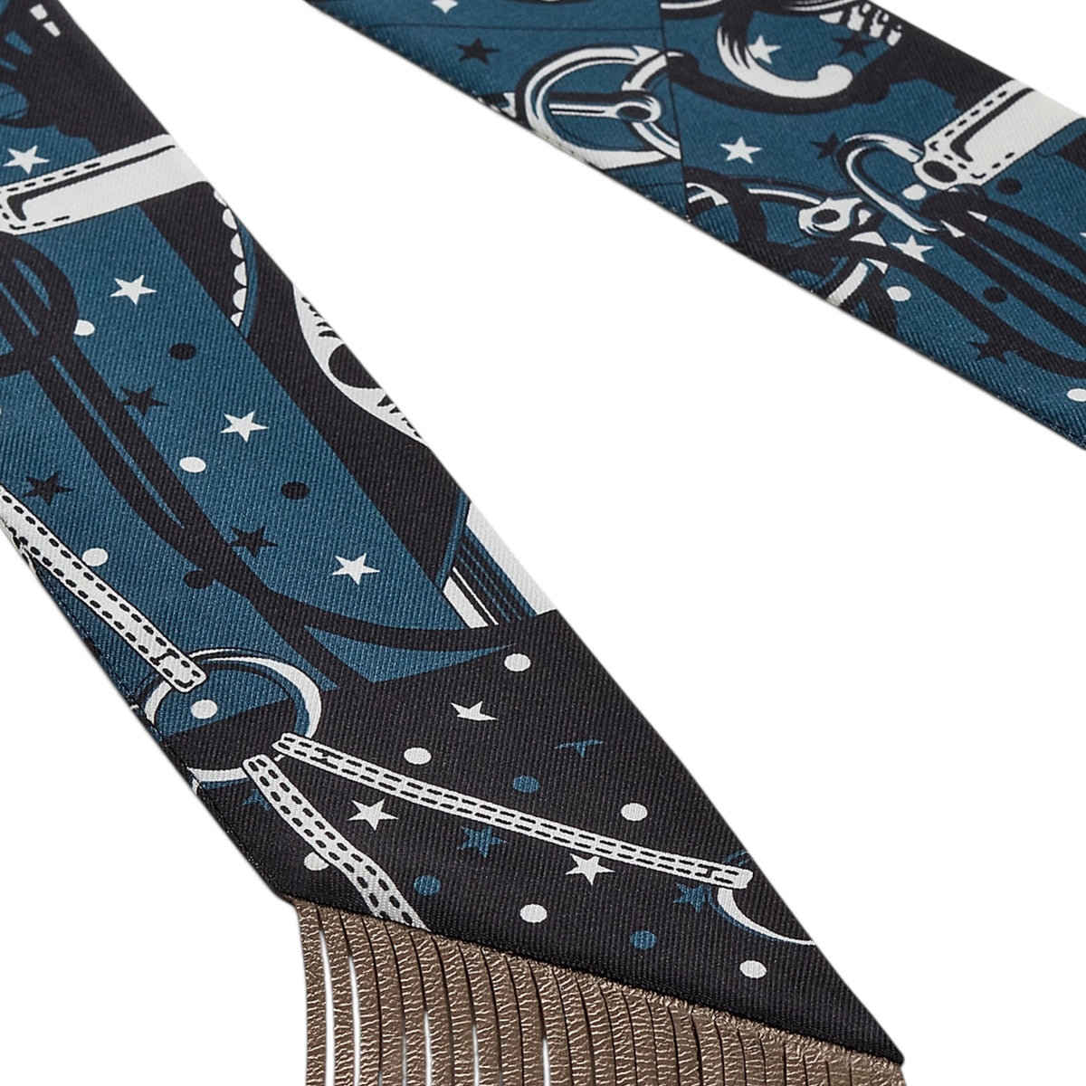 Hermes Bandana Blue Silk with Leather Fringes Twilly Scarf