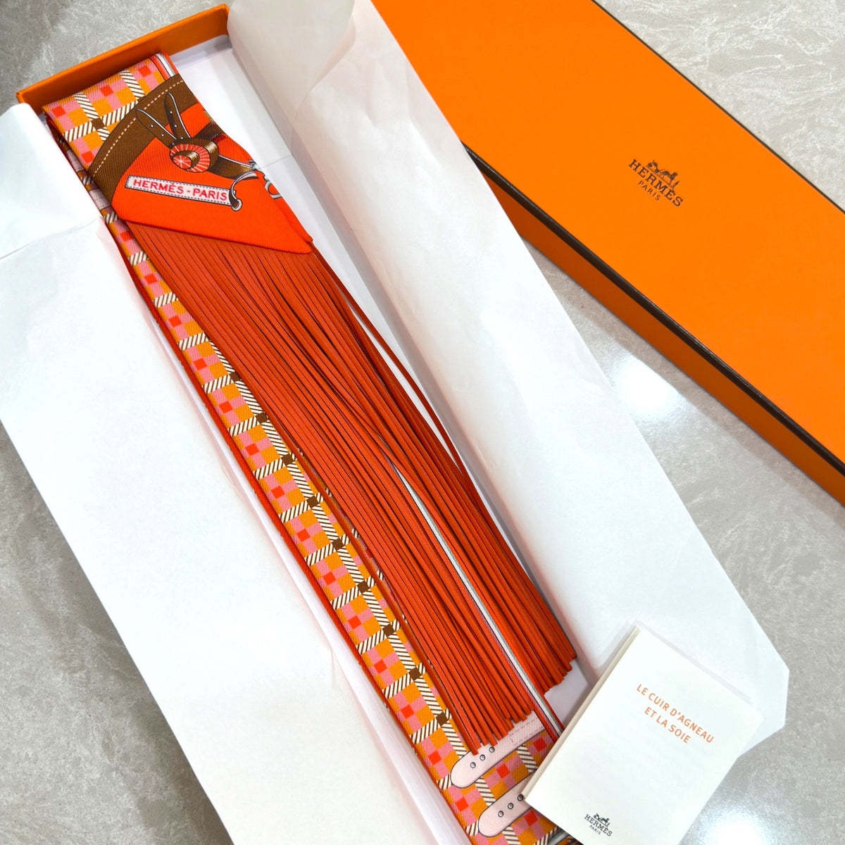Hermes Bandana Orange Silk with Leather Fringes Twilly Scarf