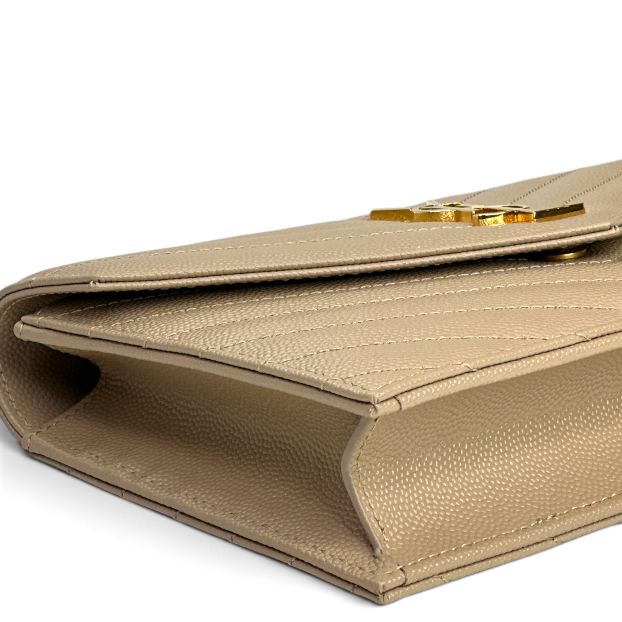 Saint Laurent Cassandre Envelope Beige Grain De Poudre Leather Chain Wallet