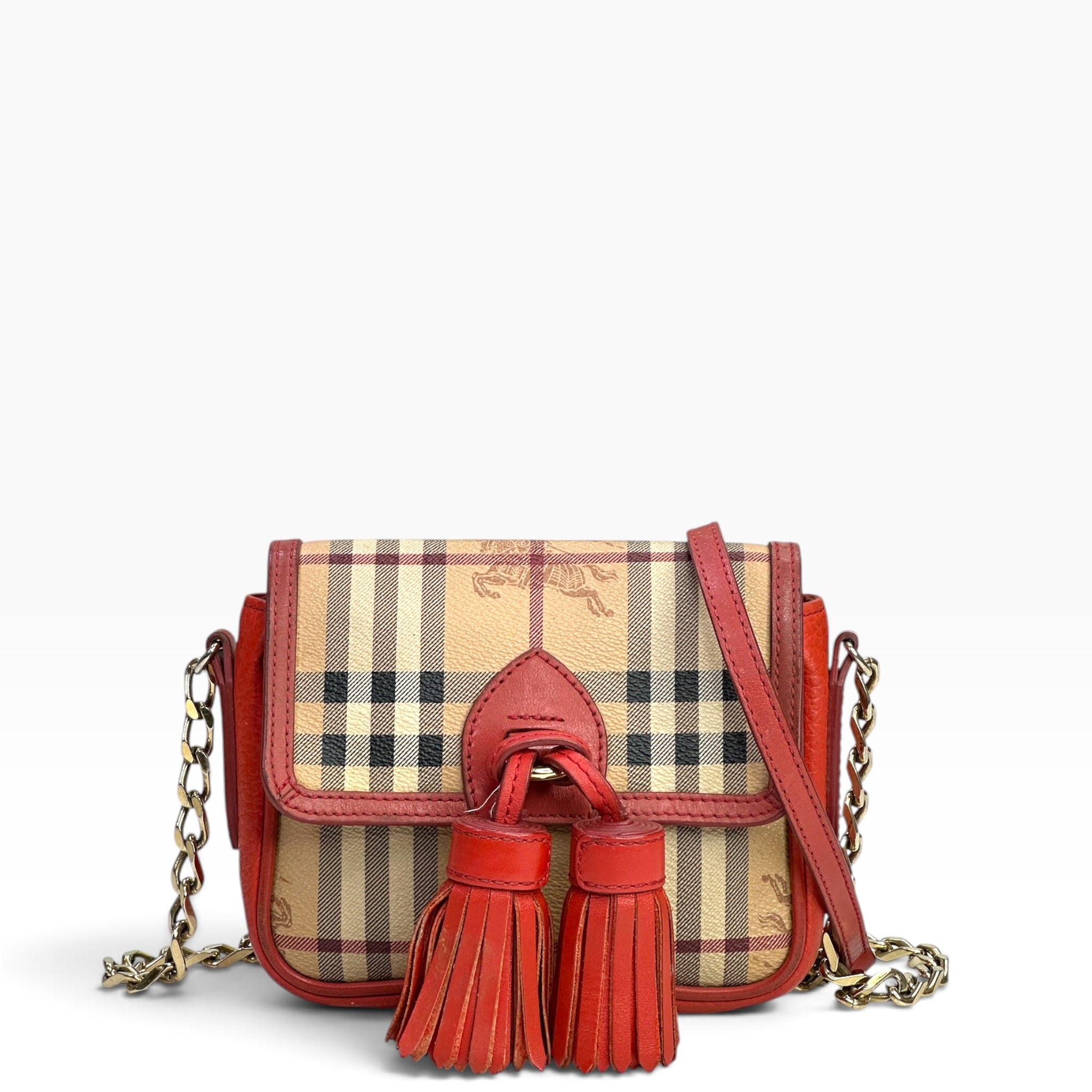 Burberry Haymarket CheckTassel Coral Crossbody Bag