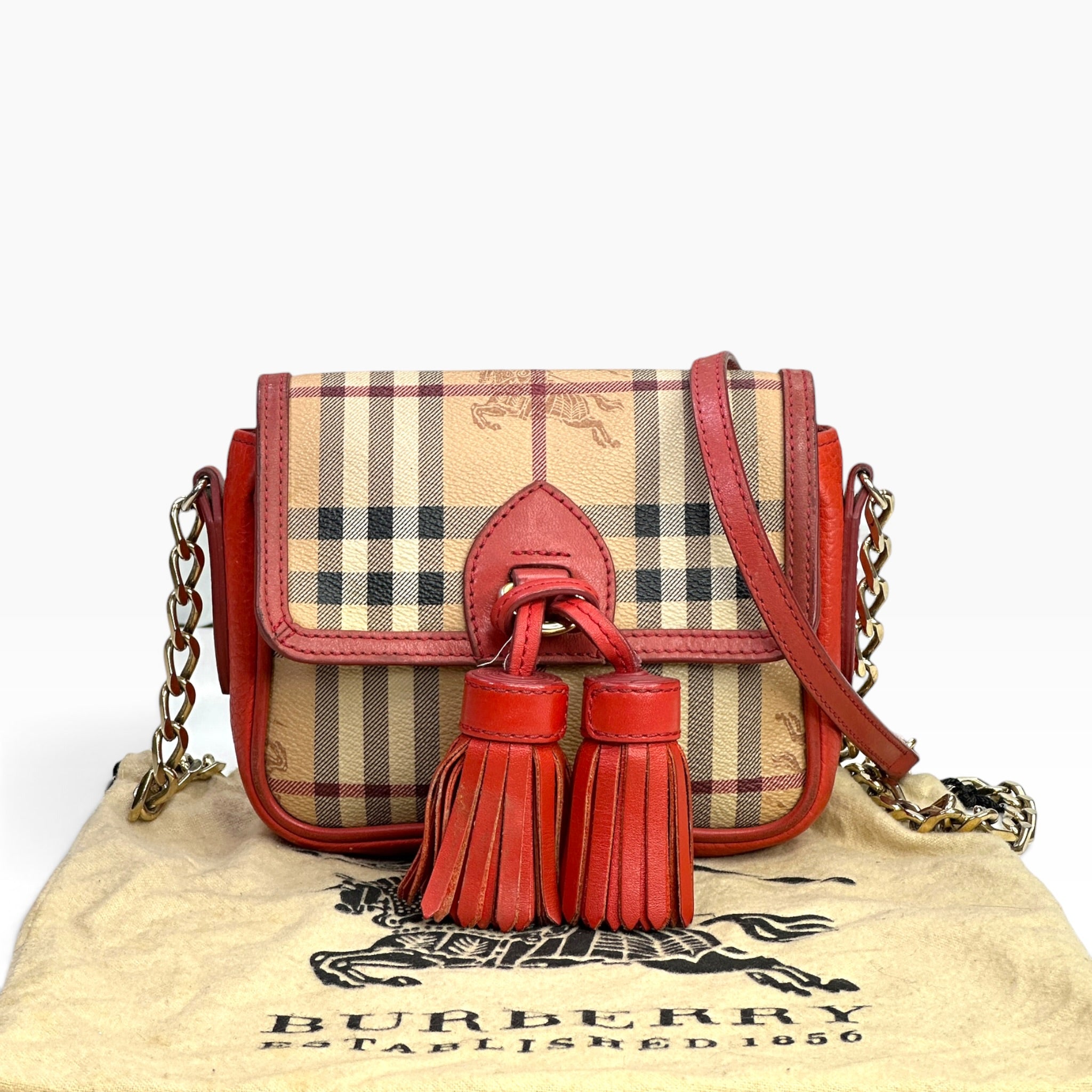 Burberry Haymarket CheckTassel Coral Crossbody Bag