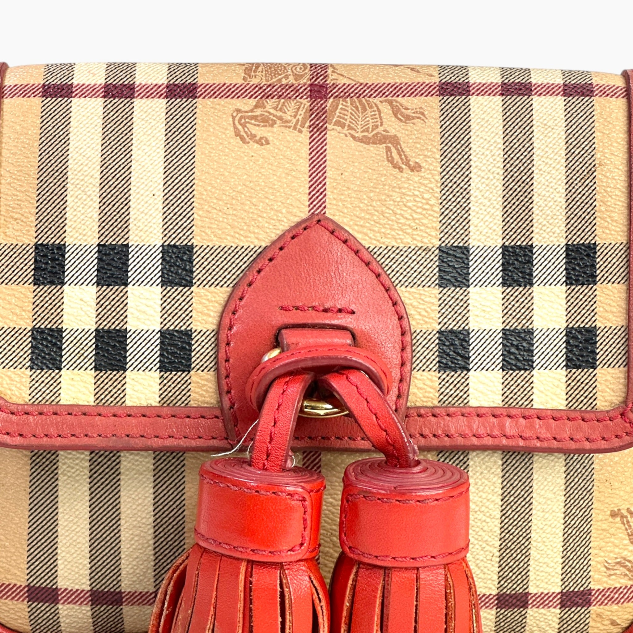 Burberry Haymarket CheckTassel Coral Crossbody Bag