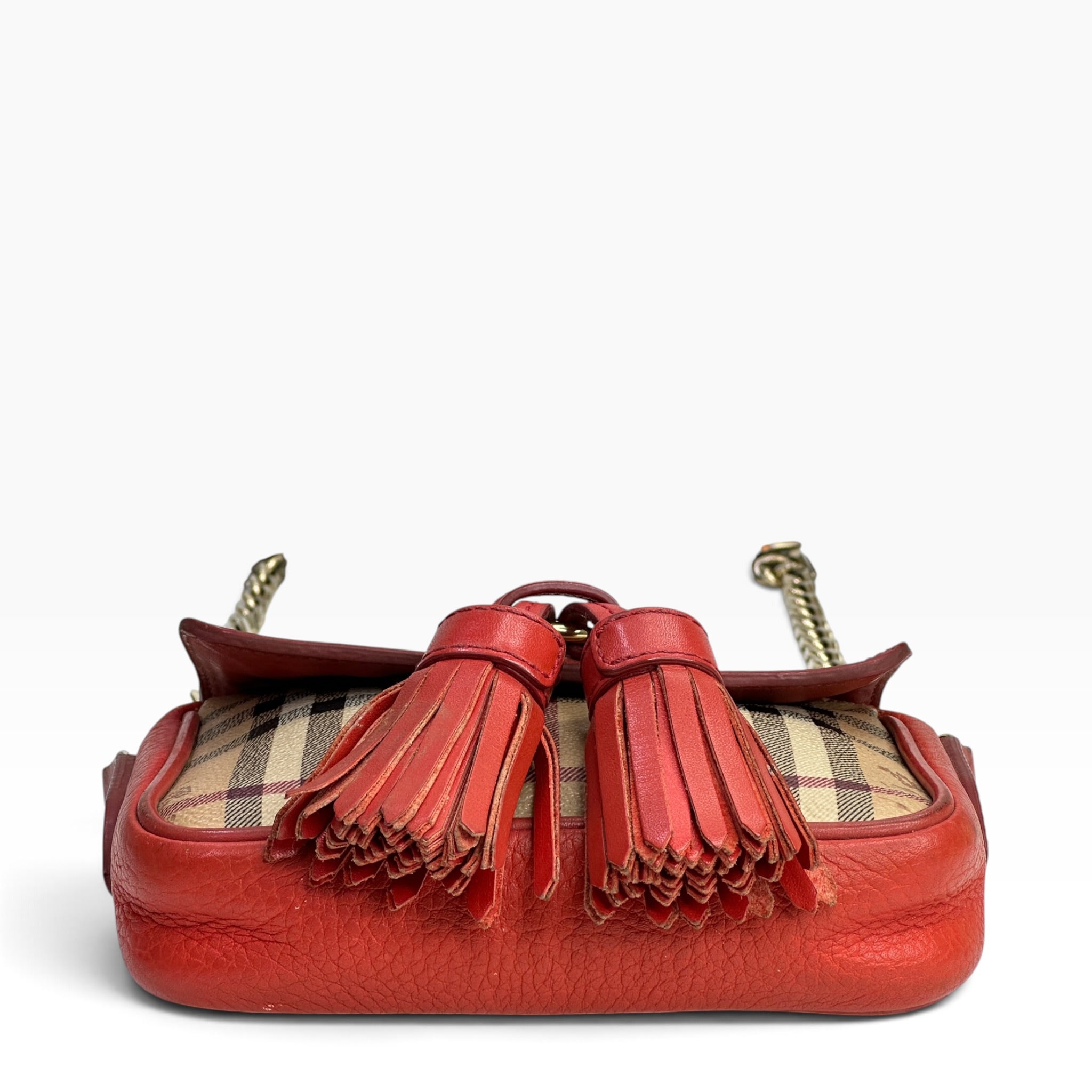 Burberry Haymarket CheckTassel Coral Crossbody Bag